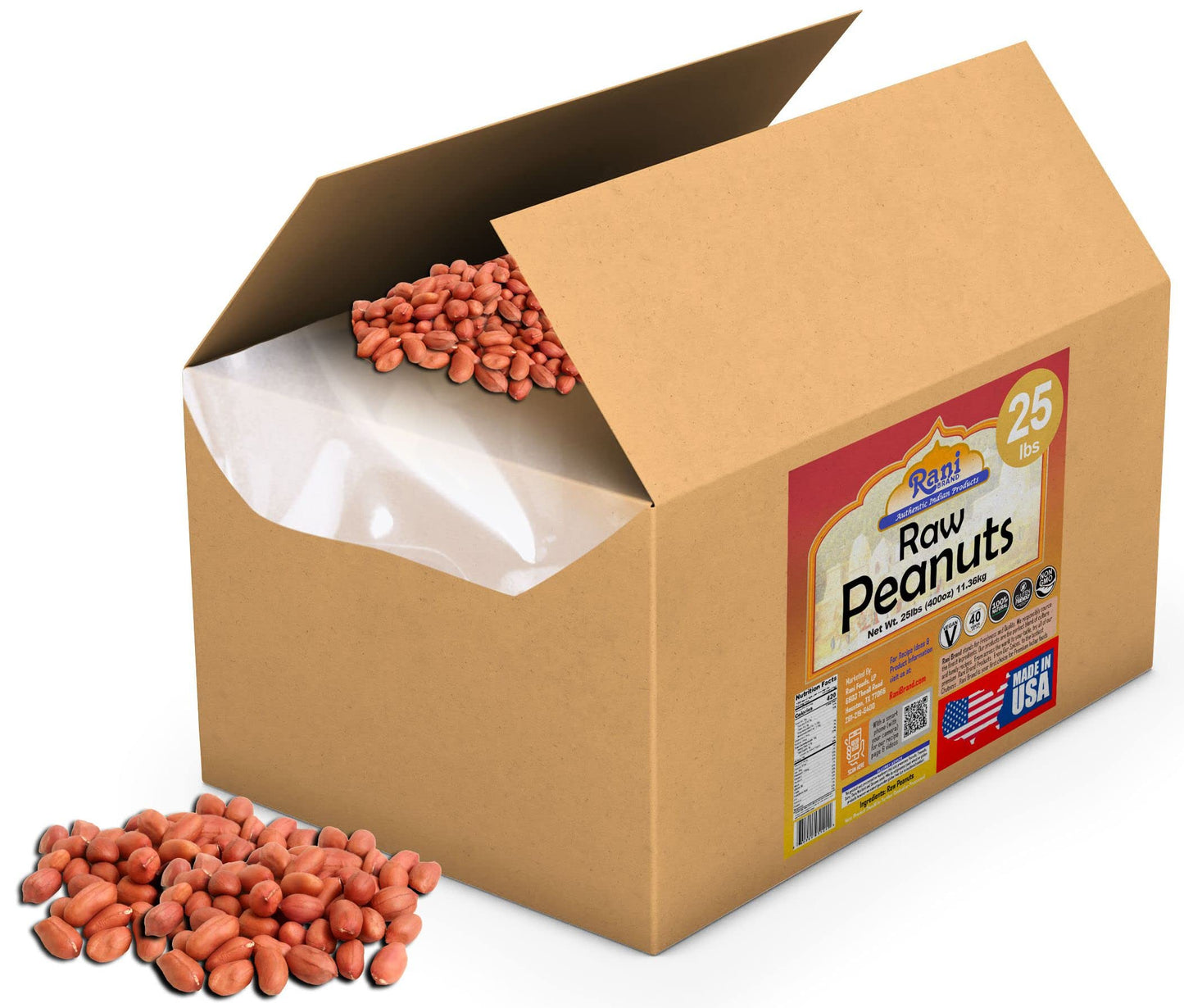 Rani Peanuts, Raw Whole With Skin (Uncooked, Unsalted) 25Lbs (400Oz) 11.36Kg Bulk Box ~ All Natural | Vegan | Gluten Friendly | Fresh Product Of Usa ~ Spanish Grade Groundnut/Red-Skin