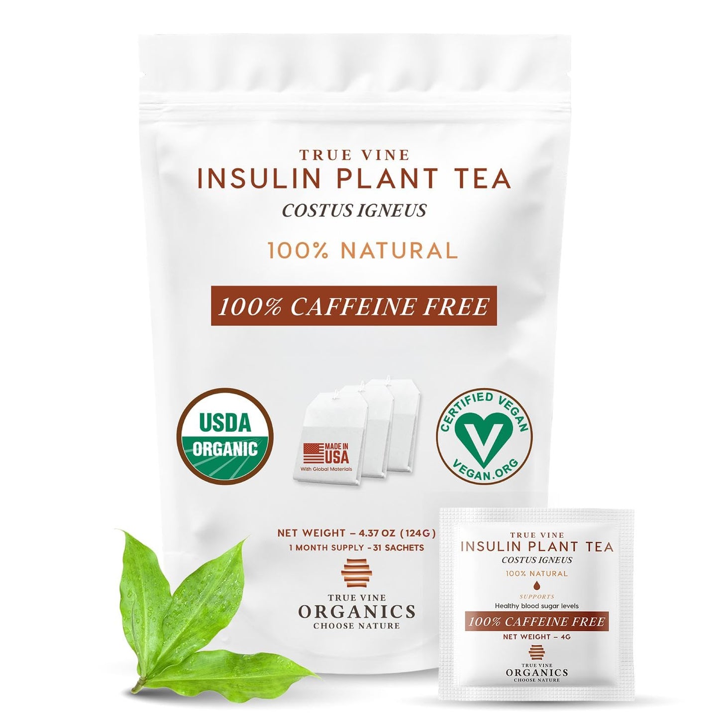 True Vine Medical Use Plant Tea (Usda Organic) - Herbal Organic Tea Bags For Blood Sugar Support Digestive Wellness & Metabolic Balance - 100% Natural Energy Blend-Free No Additives - 31 Sachets (4G Each)