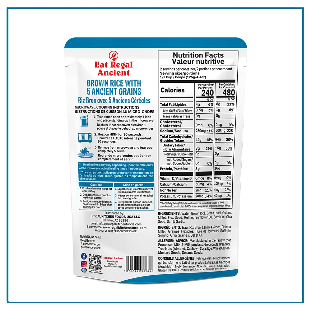 Eat Regal Brown Rice with 5 Ancient Grains, 8.8 Ounce (Pack of 6) - Microwaveable Healthy Side Dish, Quick and Easy Meal
