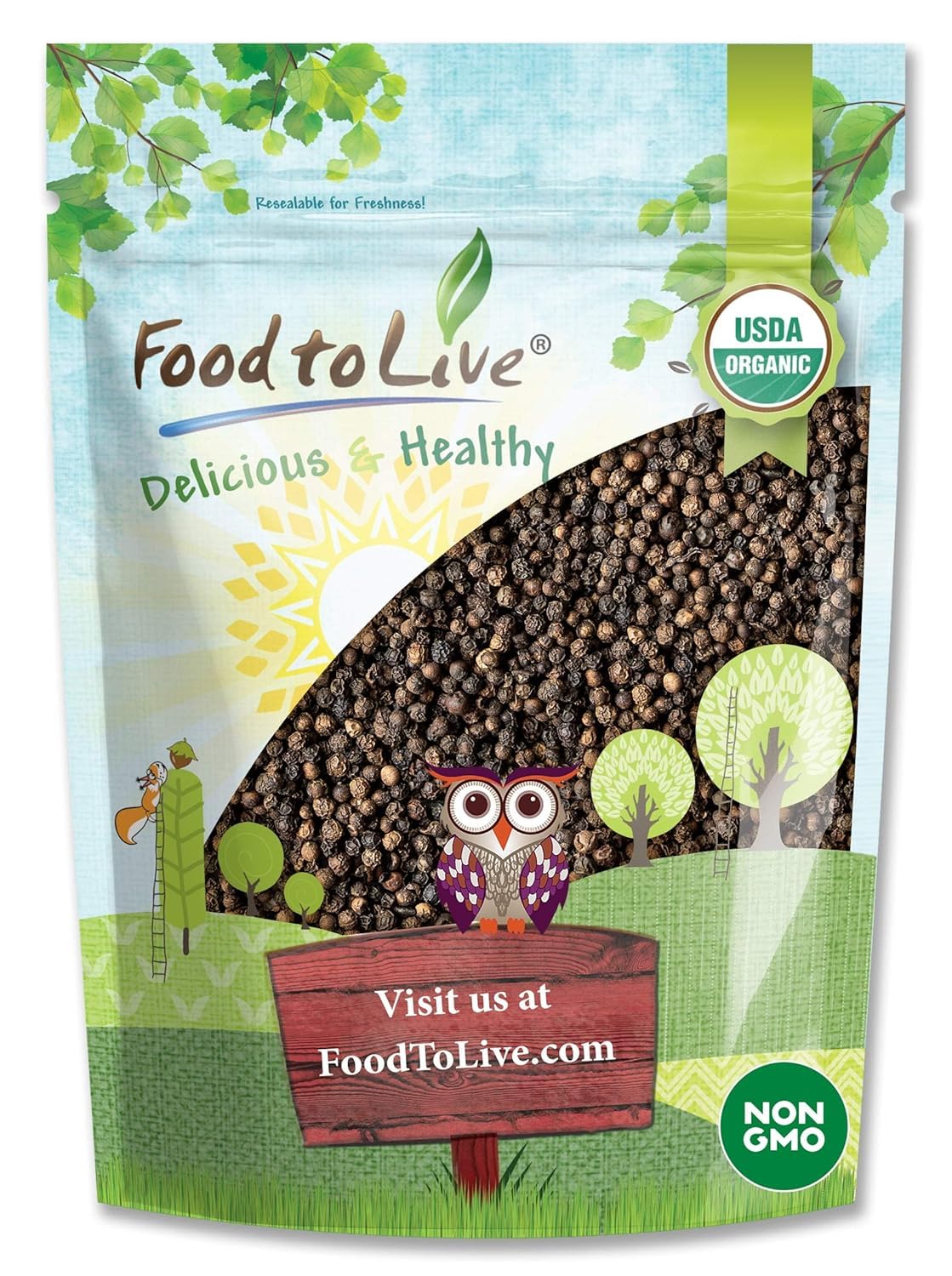 Food to Live - Organic Black Pepper, 2 Pounds - Whole Dried Peppercorns, Non-GMO, Kosher, Vegan, Bulk, Great for Spicing and Sea