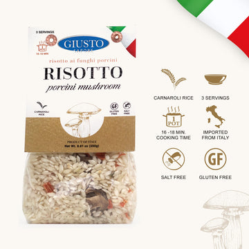Giusto Sapore Italian Risotto - Porcini Mushroom - All Natural, Gluten Free, No Added Salt - Premium Gourmet 3-4 Serving Size, 8.81 Oz - Imported From Italy And Family Owned