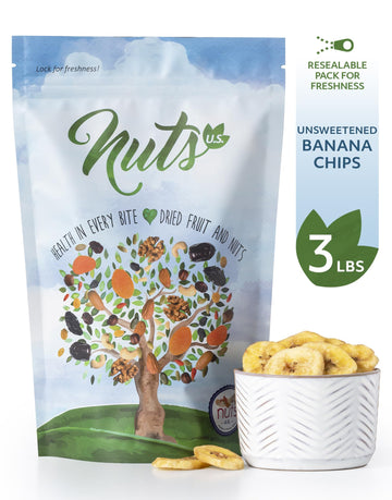 NUTS U.S. Unsweetened Banana Chips, Non-GMO, 3 lbs, Resealable Bag, No Sulphur, No Artificial Colors