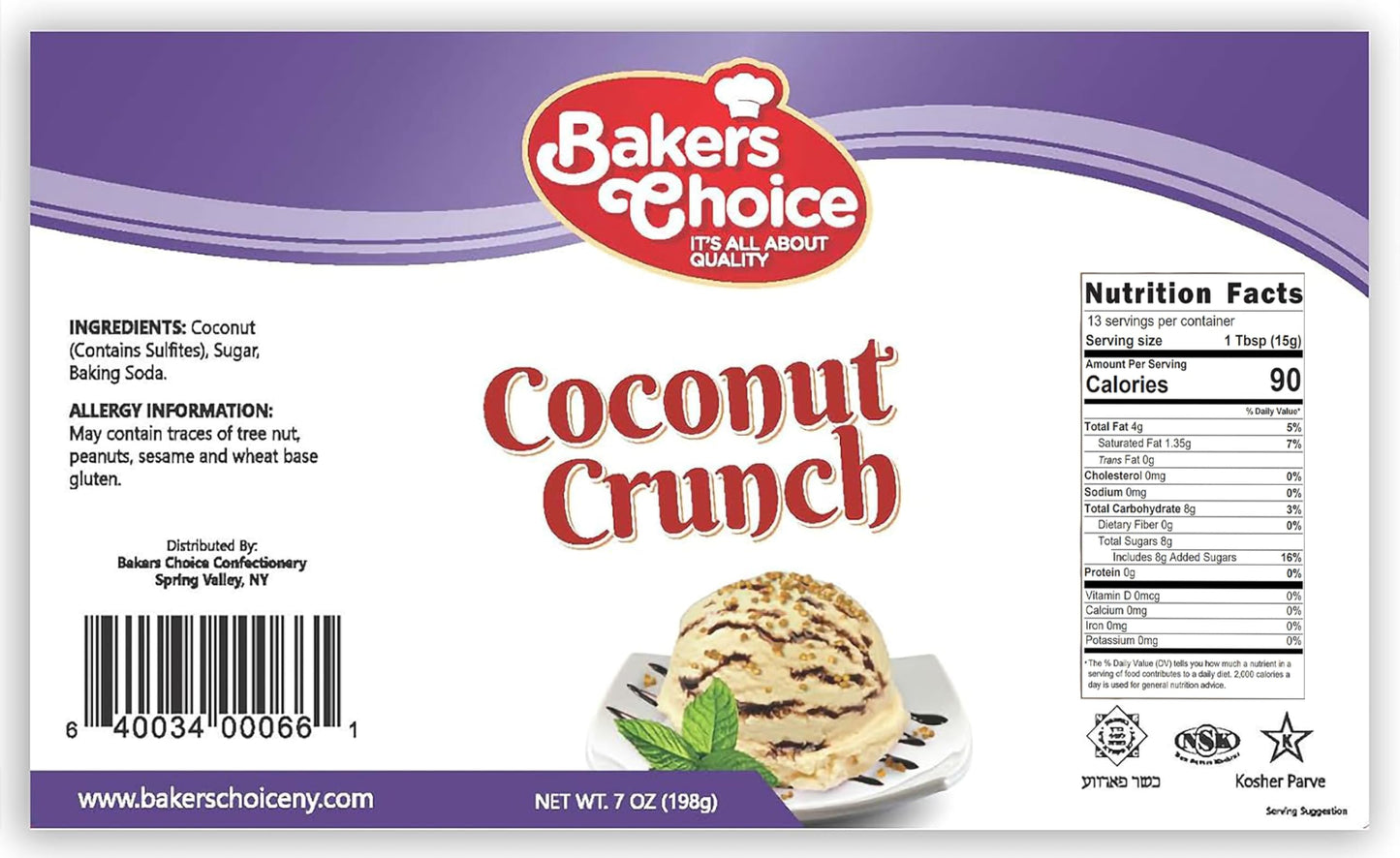 Coconut Crunch Topping - Coconut Sprinkles For Ice Cream Sundae Toppings - 7 Ounce - Dairy Free, Kosher - Baker’S Choice