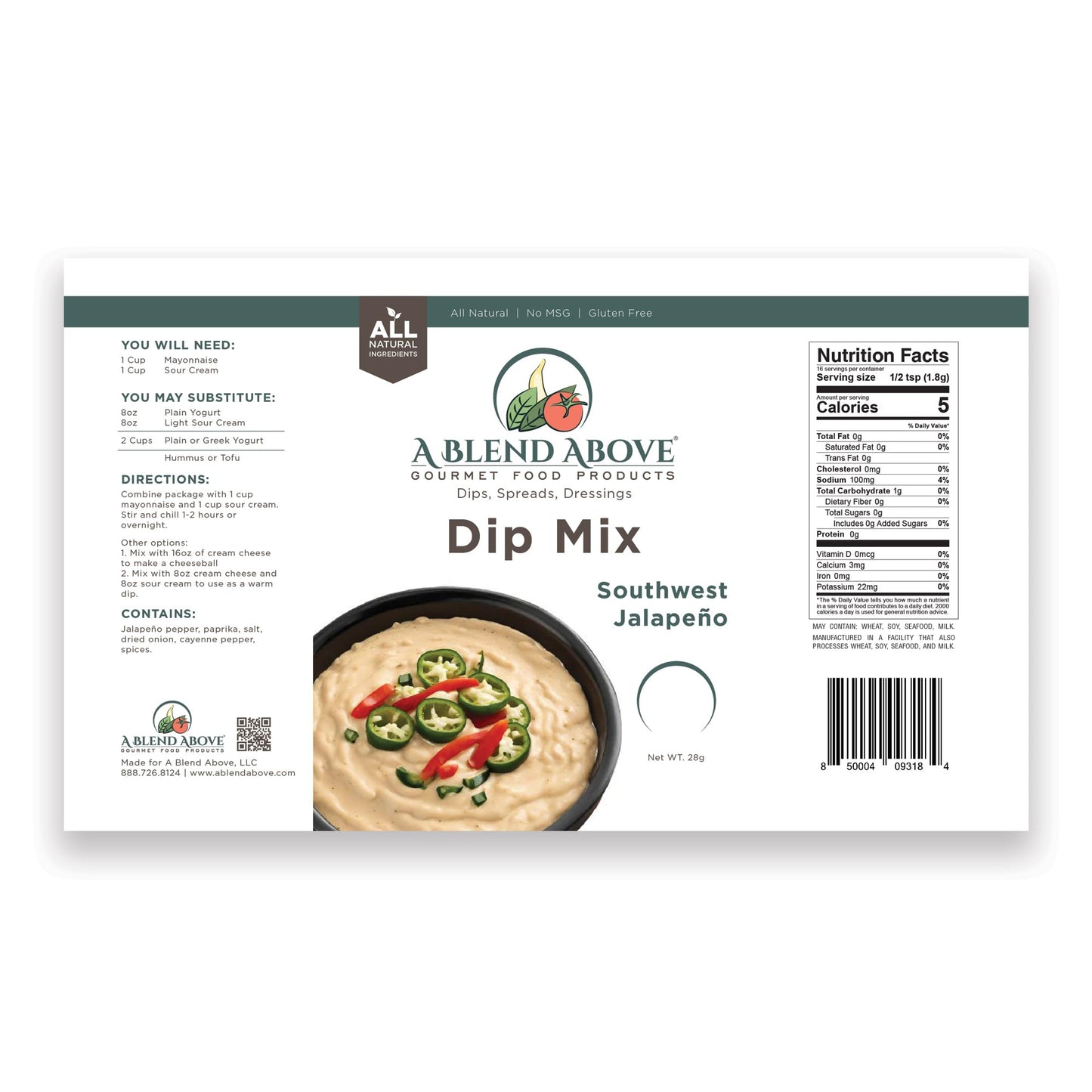 A Blend Above Southwest Jalapeno Dip Mix, Gluten-Free, Vegan, 3 Packs, 1 oz Each, Easy to Make, Low Carb