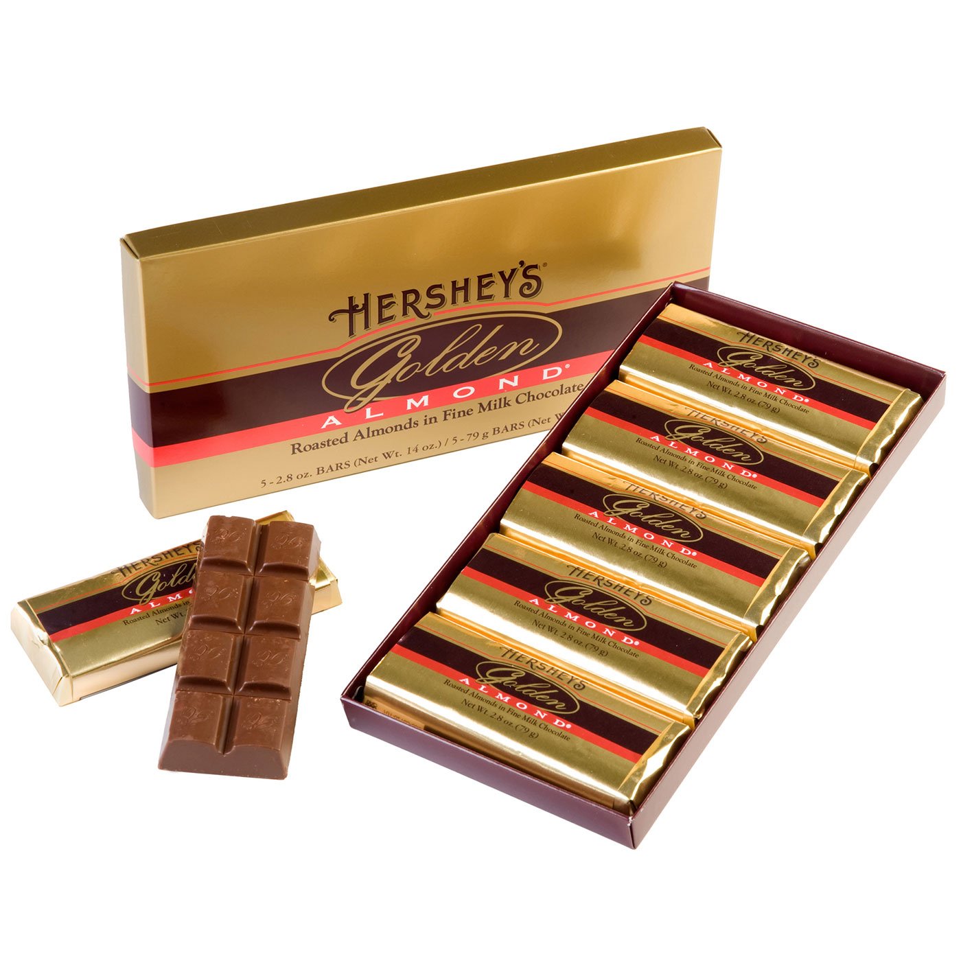 HERSHEYS GOLDEN ALMOND Chocolate Bar, Roasted Almonds in Fine Milk Chocolate Candy Bar, Individually Wrapped Bars in Gift Box,