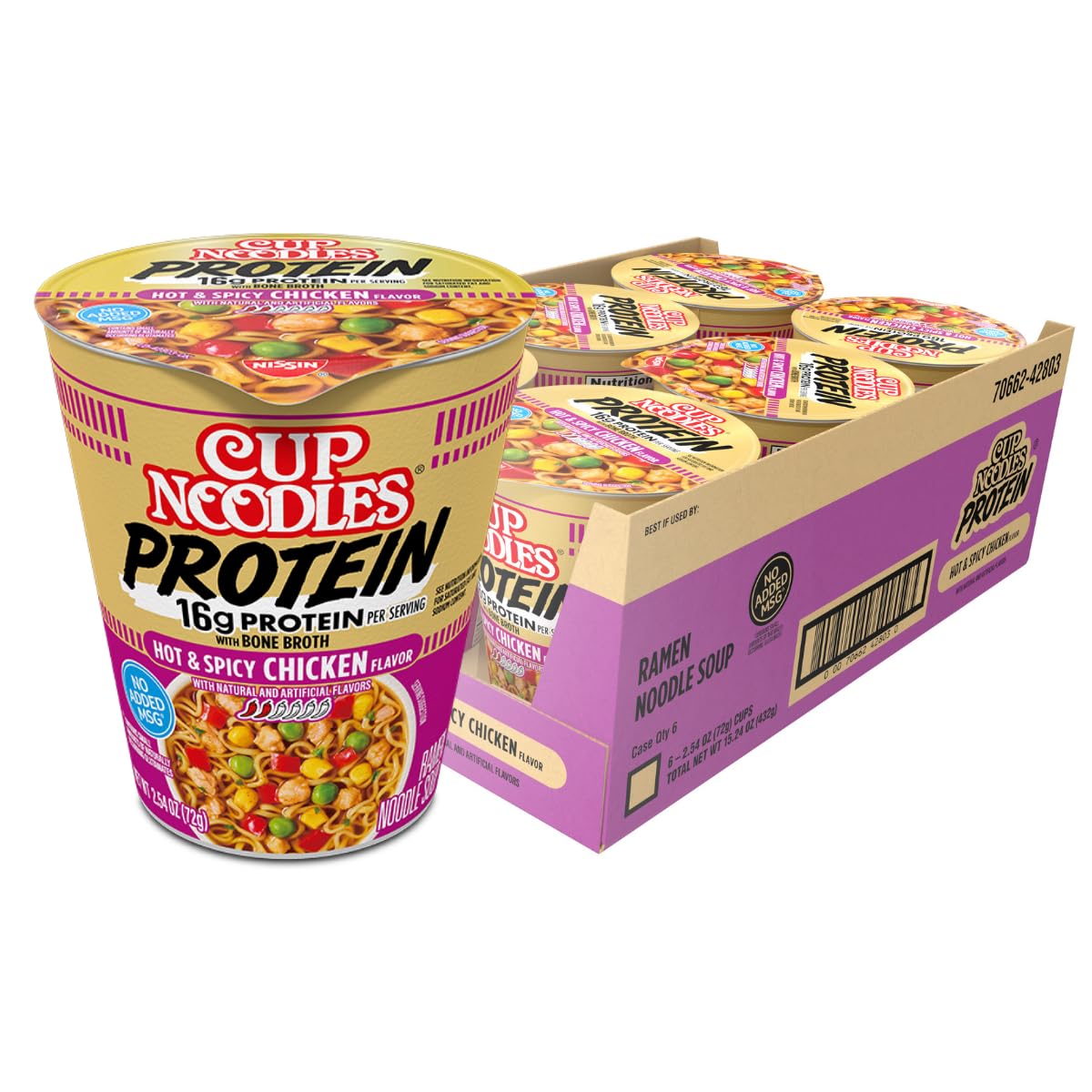 Nissin Cup Noodles Protein Ramen, Chicken Flavor Spicy Ramen with Bone Broth, 16g Protein, 2.54 Ounce Cup (Pack of 6)