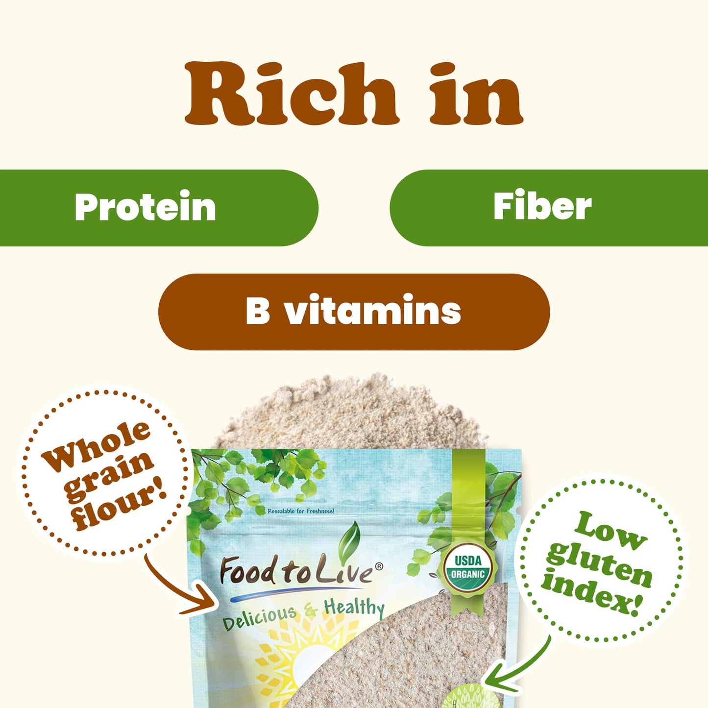 Food to Live - Organic Einkorn Whole Wheat Flour, 16 Pounds - Finely Milled Non-GMO Ancient Whole Grain Farro Piccolo. Great for