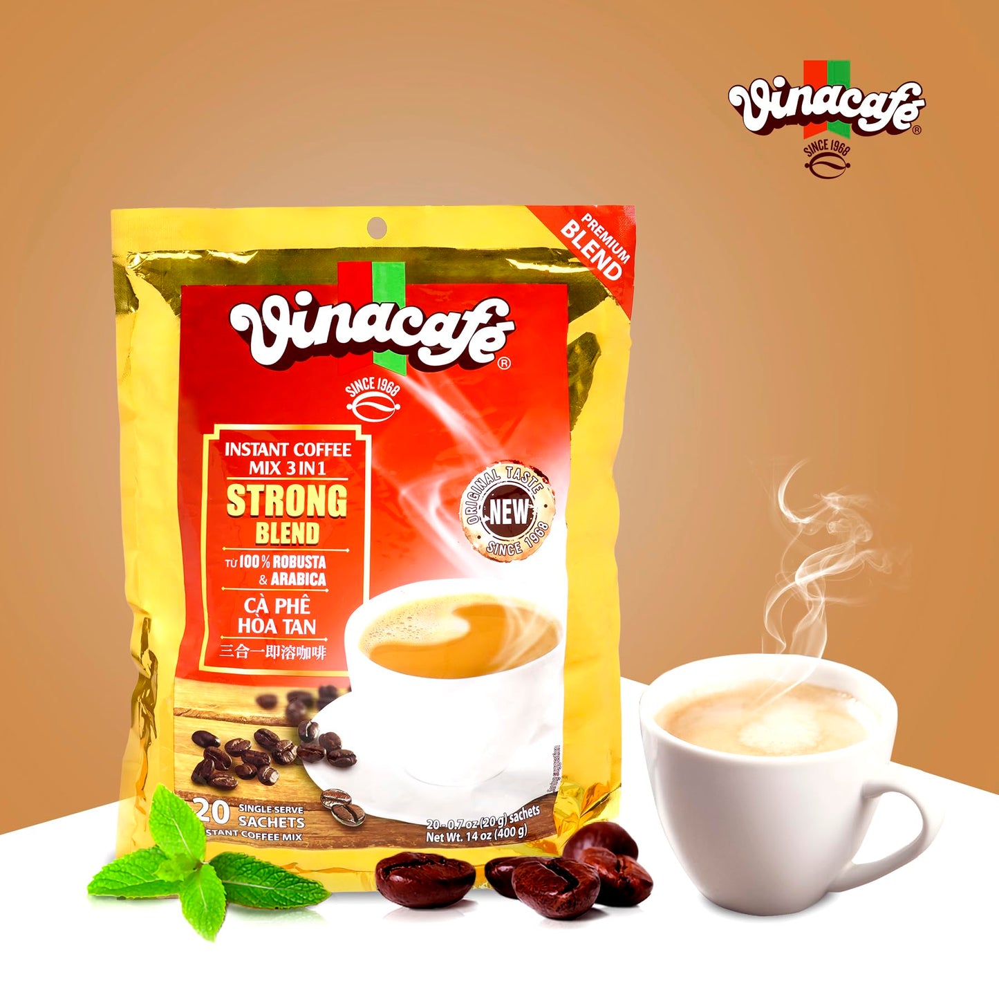 Vinacafe 3 in 1 Instant Coffee Sachets, Strong Rich Blend, 20 Count Pack