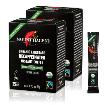 Mount Hagen 25 Count Single Serve Instant Decaf Coffee Packets - 2 Pack | Decaffeinated Organic Medium Roast Arabica Beans | Eco