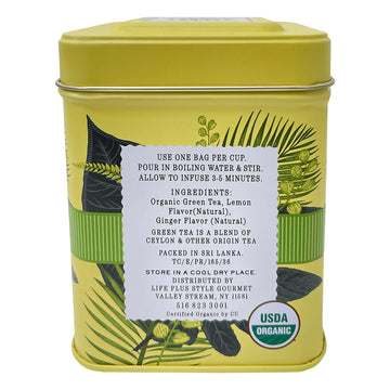 Organic Lemon Ginger Ceylon Green Tea - 50 Packets - Natural Antioxidant Rich Herbal Leaf Teabags - Usda Certified 100% Non-Gmo
