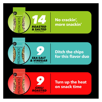 Wonderful Pistachios No Shells, 3 Flavors Mixed Variety Pack Of 32 (0.75 Ounce), Roasted & Salted Nuts (14), Chili Roasted (9),