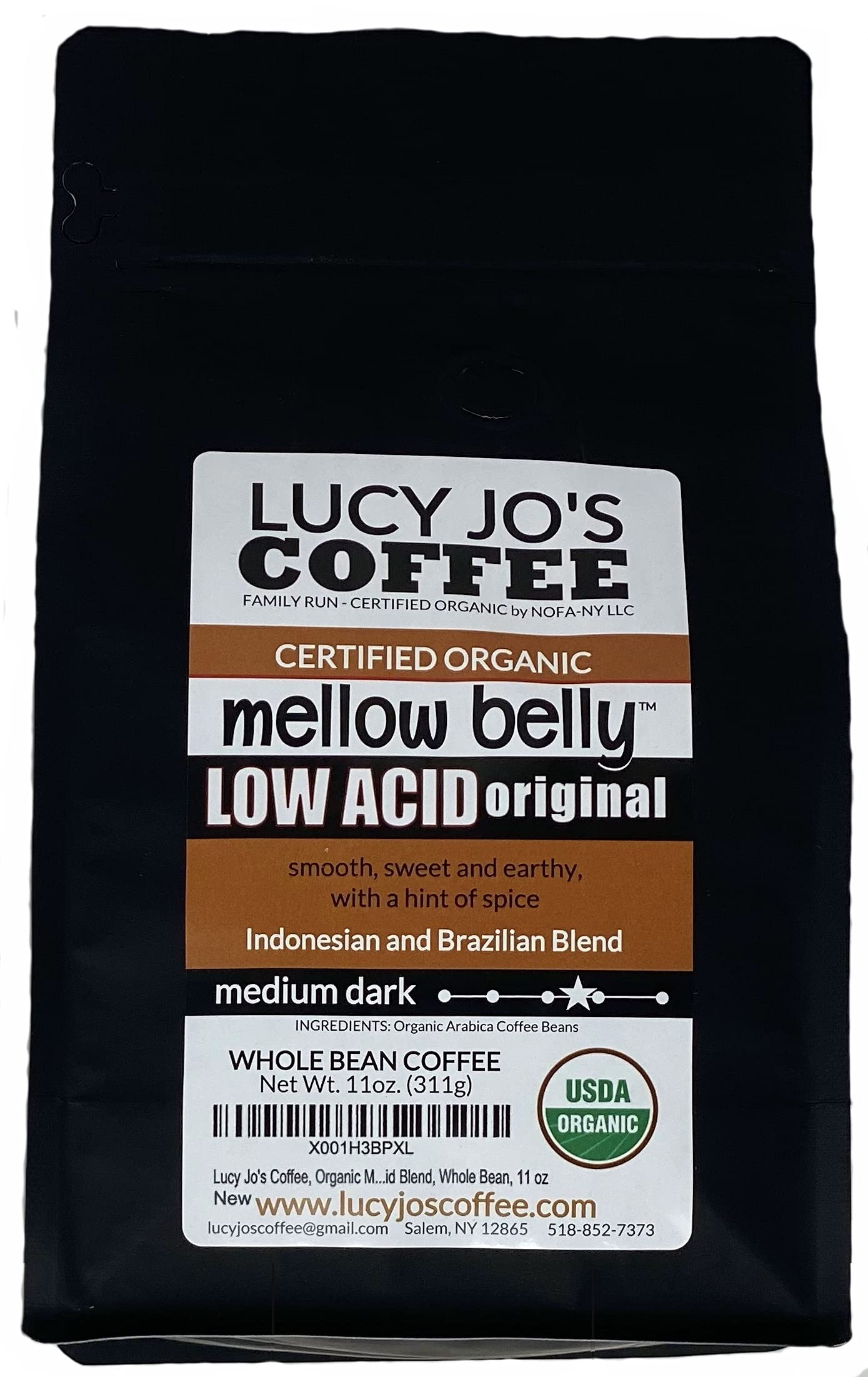 Lucy Jo'S Coffee, Organic Mellow Belly Low Acid Blend, Medium Dark Roast, Whole Bean, 11 Oz (11 Oz)