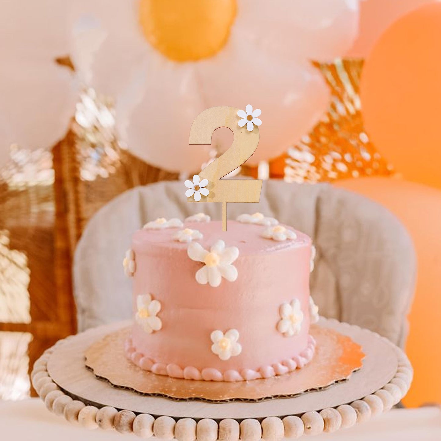 MAMUXI Wooden Daisy Cake Topper - 2nd Birthday Party Decor, Retro Boho Design, Light Cream