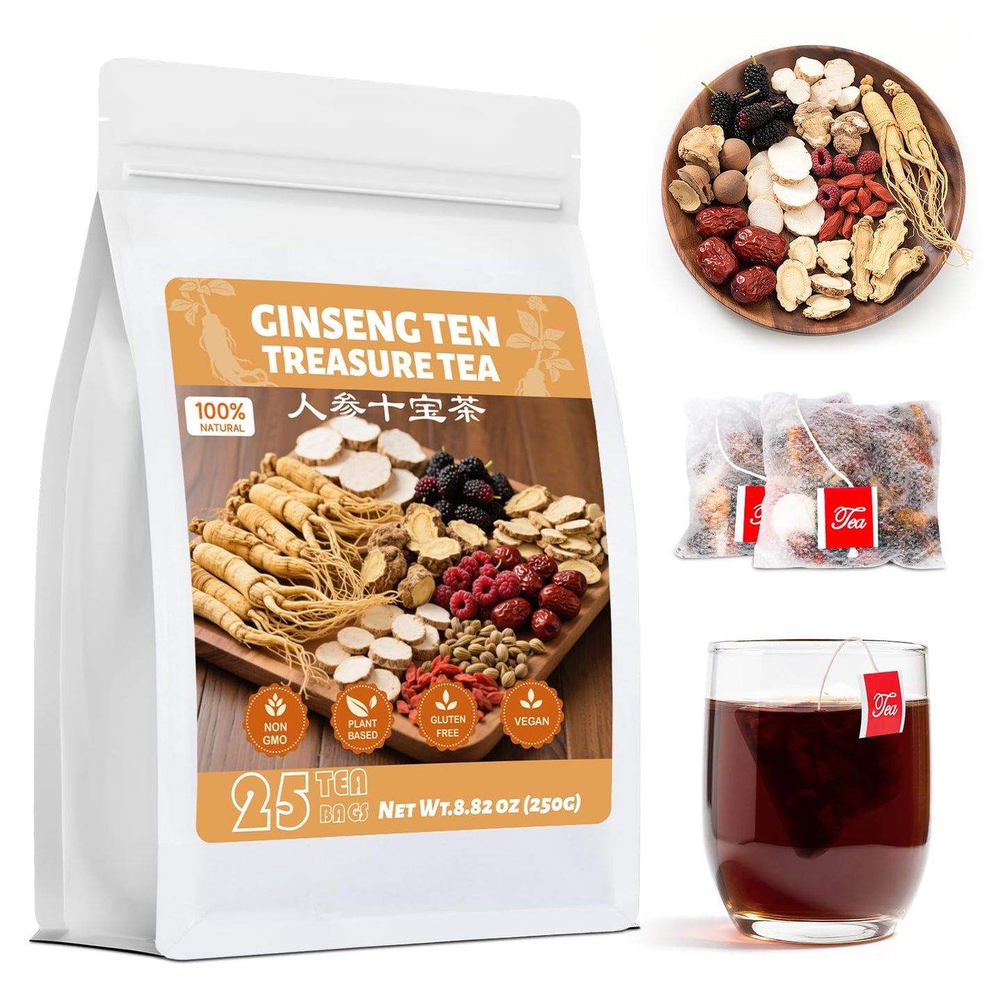 Flavor Blendseng Ten Treasures Kidney Tea Natural Flavor Blendseng & Mulberry Herbal Tea Kidney Cleanse Detox & Repair Teabags For Men Women 10 Precious Ingredients Formula (1 Pack/25 Bags)