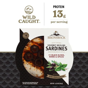 Brunswick Wild Caught Gourmet Brisling Sardines in Olive Oil, 4.23 oz Can, Mediterranean Style with Black Olives, 13g Protein per Serving