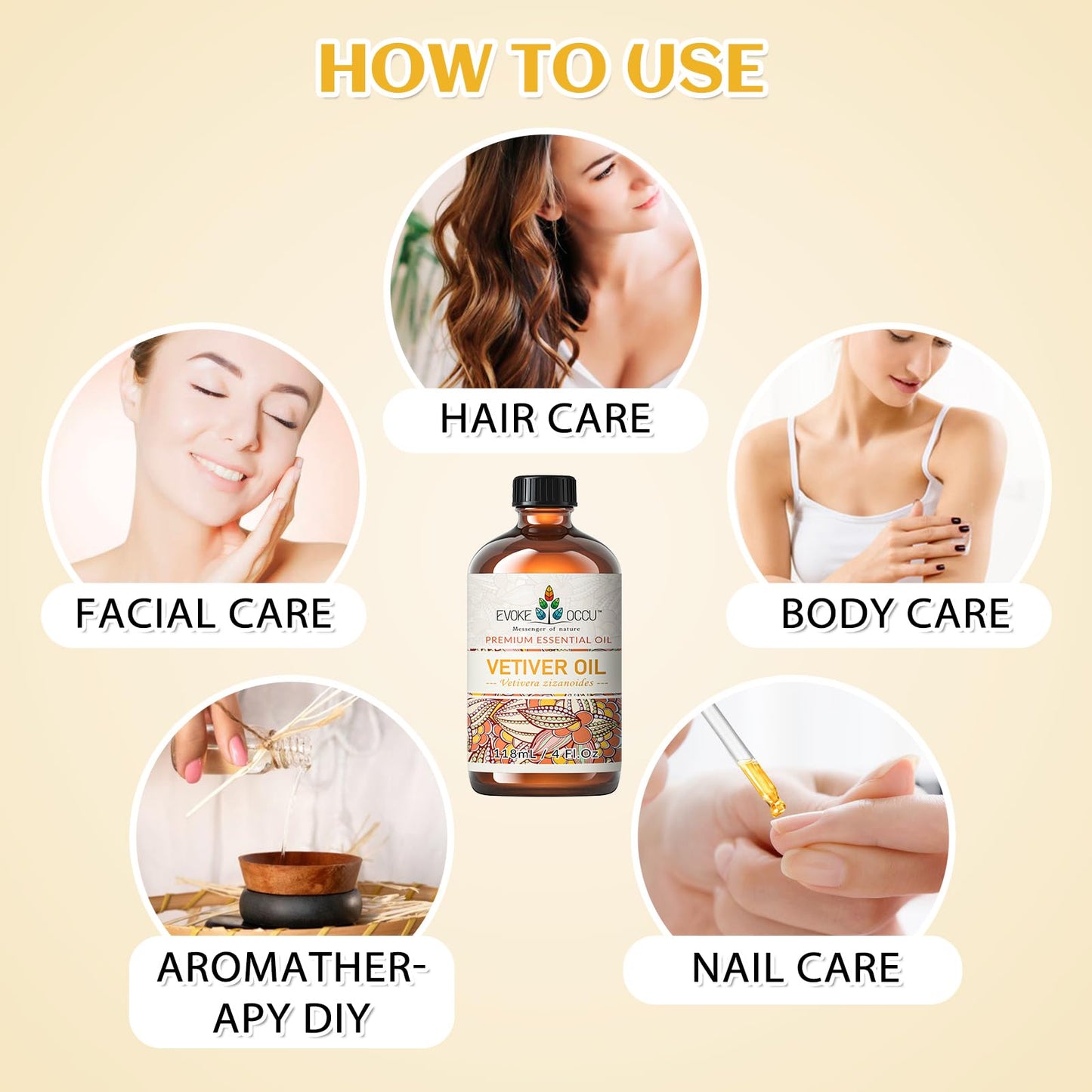 Evoke Occu Vetiver Essential Oil 4 Oz, Pure Vetiver Oil For Skin Massage Aromatherapy Diffuser- 4 Fl Oz