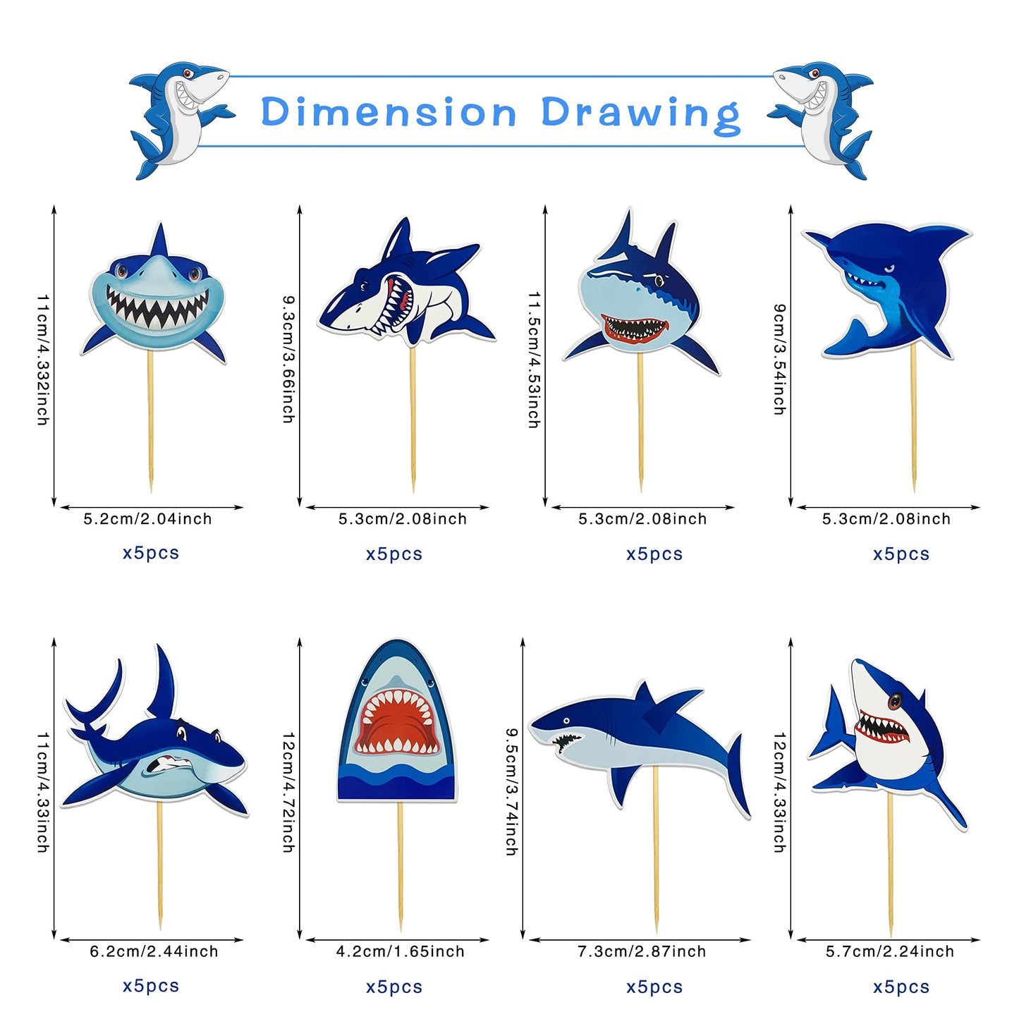 RASSLISA Shark Cupcake Toppers, 40 PCS Shark Theme Party Supplies, Kids Birthday Decorations, 6x6 inches, Blue