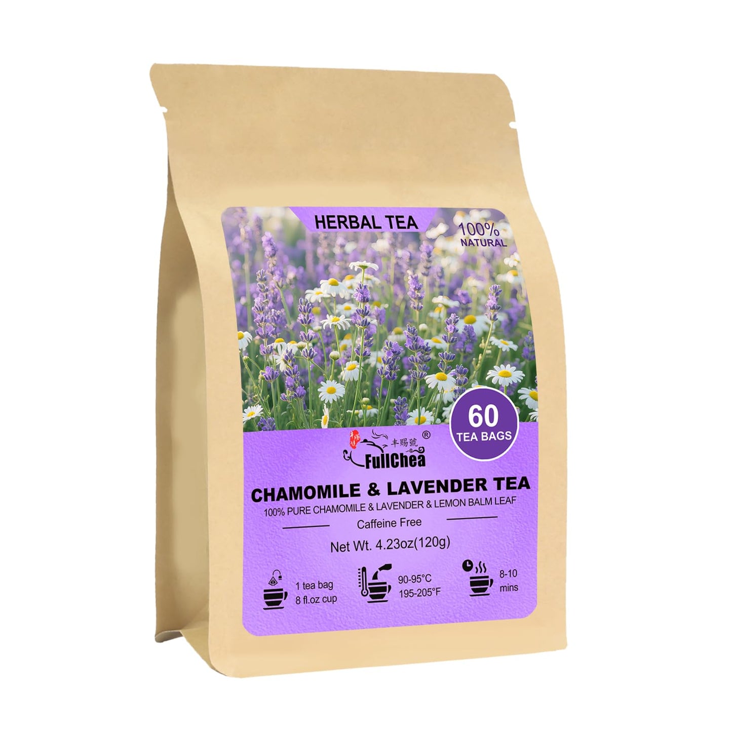 Fullchea - Chamomile Lavender Tea Bags For Relaxation & Playter Sleep - 60 Count - Energy Blend-Free Blend Herbal Tea - Top-Grade Chamomile & Lavender Flowers