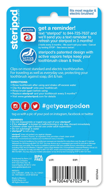 Steripod Clip-On Toothbrush Protector, Clear Blue And Clear Green, 2 Count