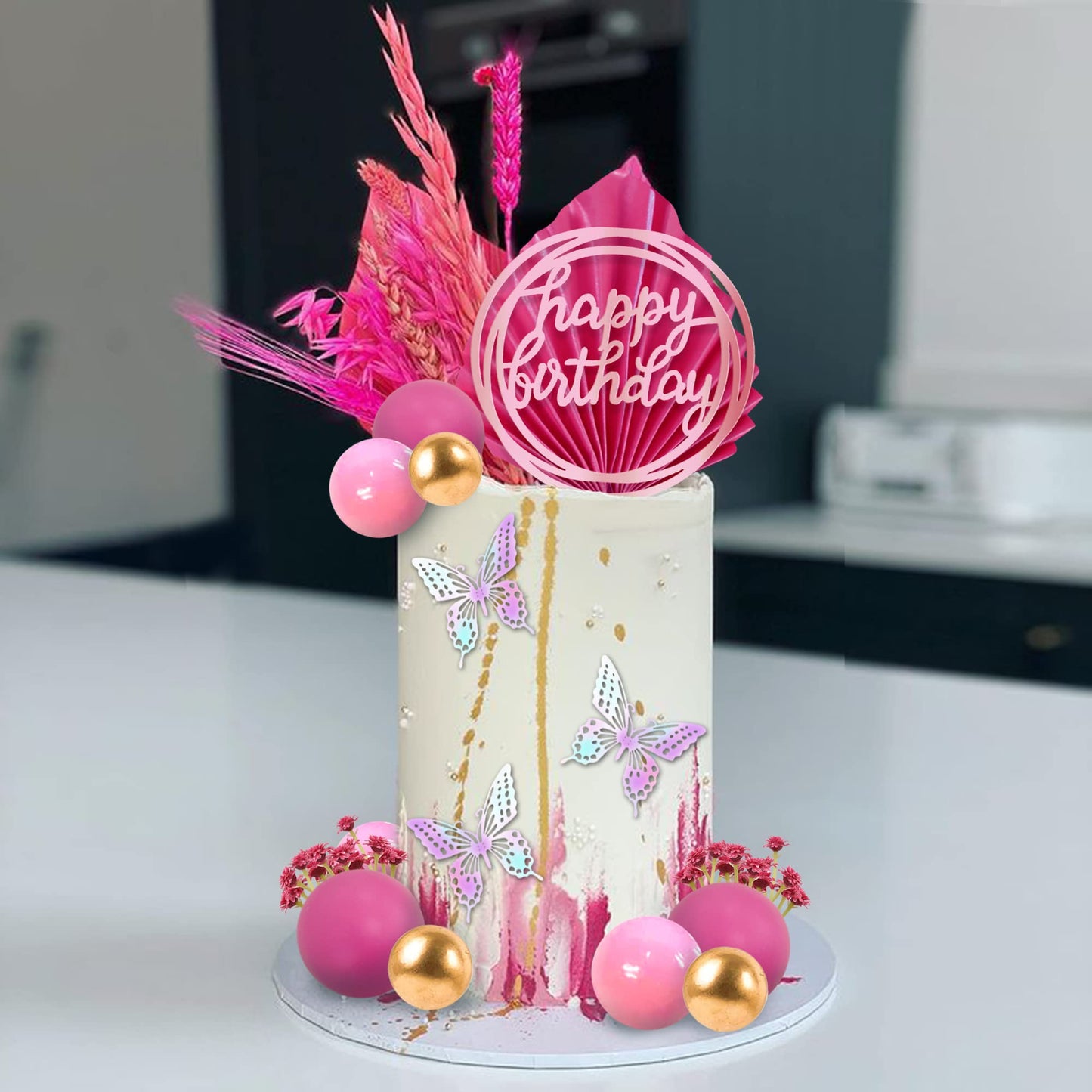 41 Pcs Balls Cake Decorations Flower Butterfly Cake Topper With Hot Pink And Gold Balls Balls Happy Birthday Cake Topper For Wed