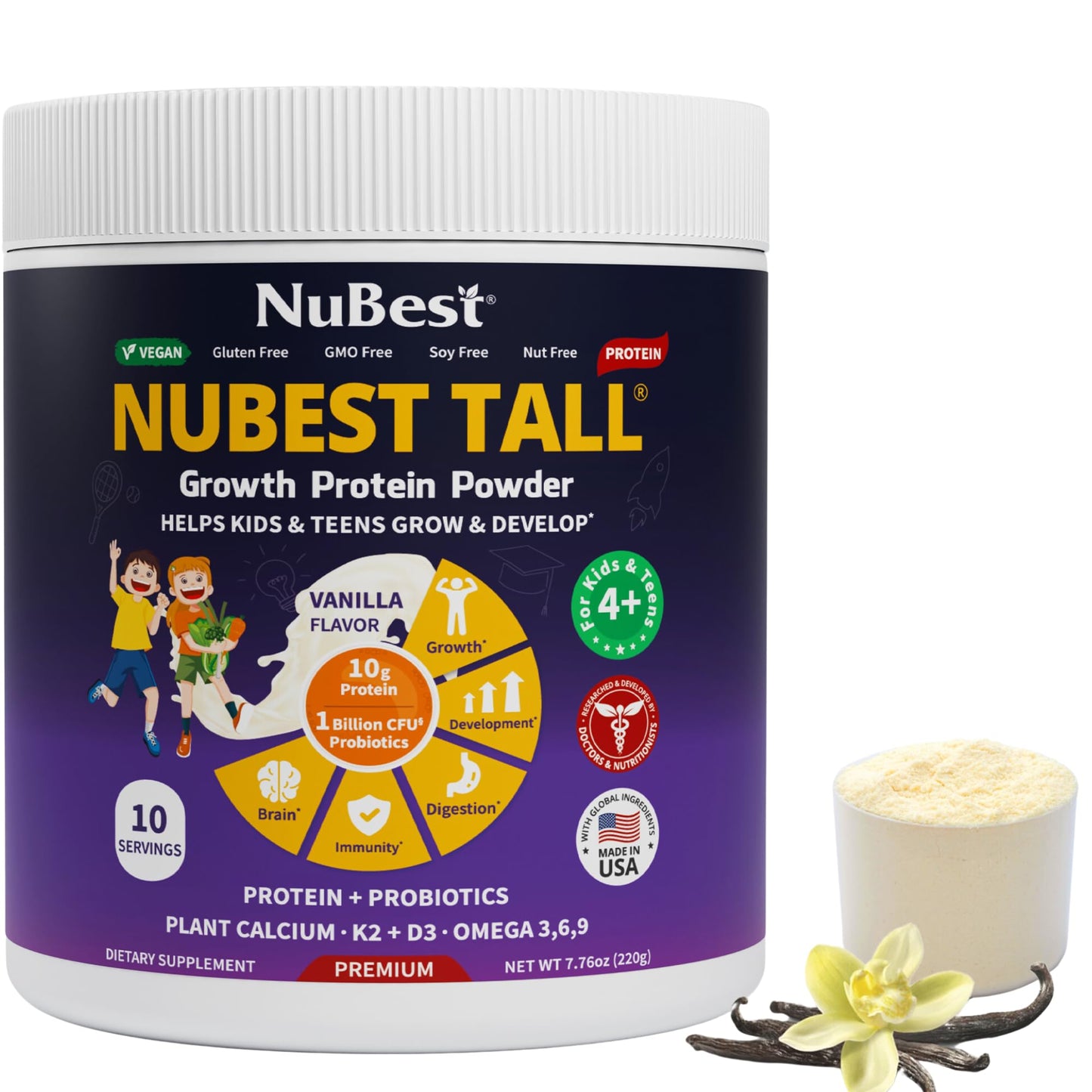 NuBest Vanilla Plant Based Protein Powder - Vegan for Kids & Teens - 10 Servings - Probiotics, Omega 3-6-9, Vitamin D3 + K2
