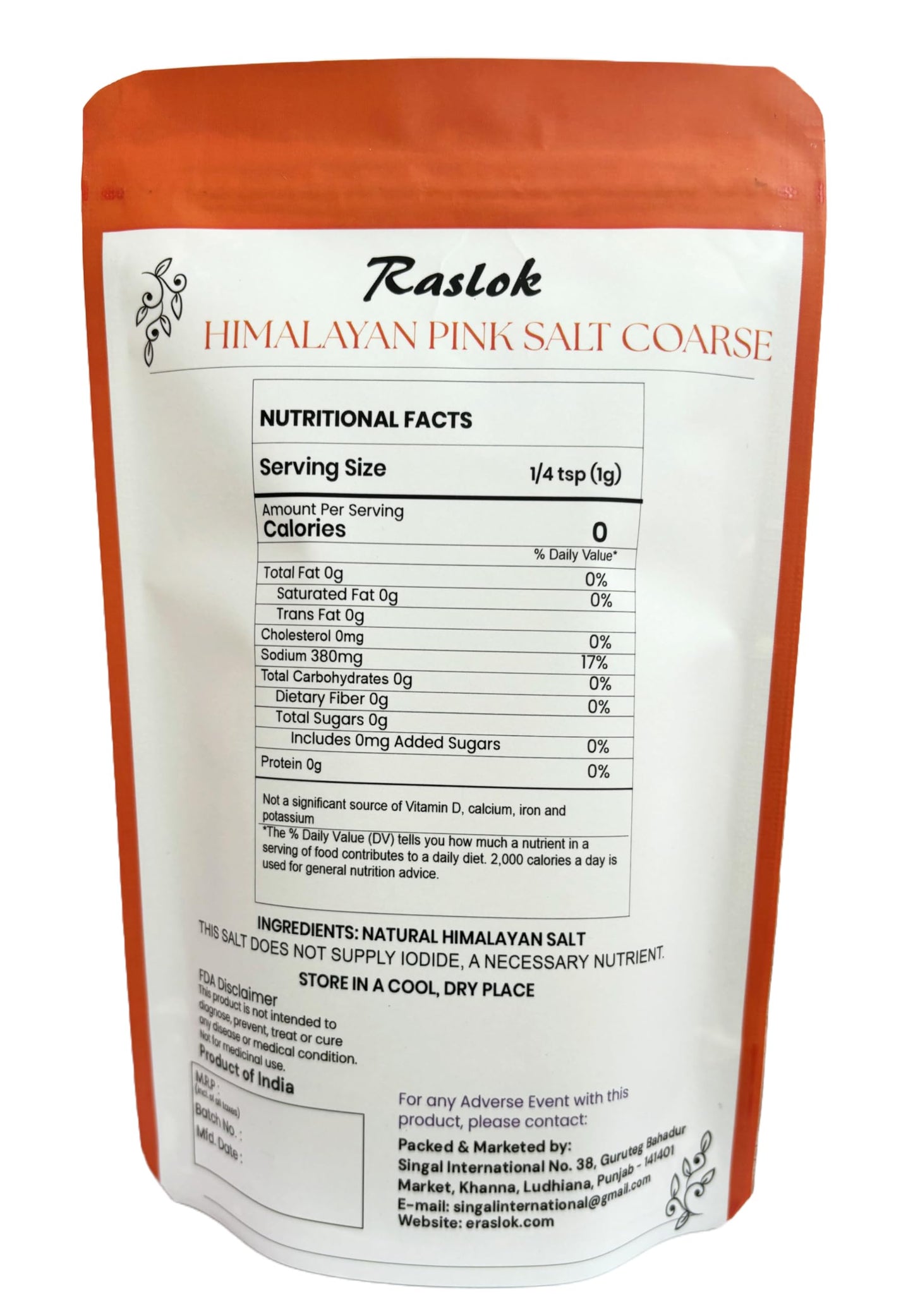 Raslok Himalayan Pink Salt Coarse Grain, 3.52 Ounces (100g), Natural Mineral Seasoning