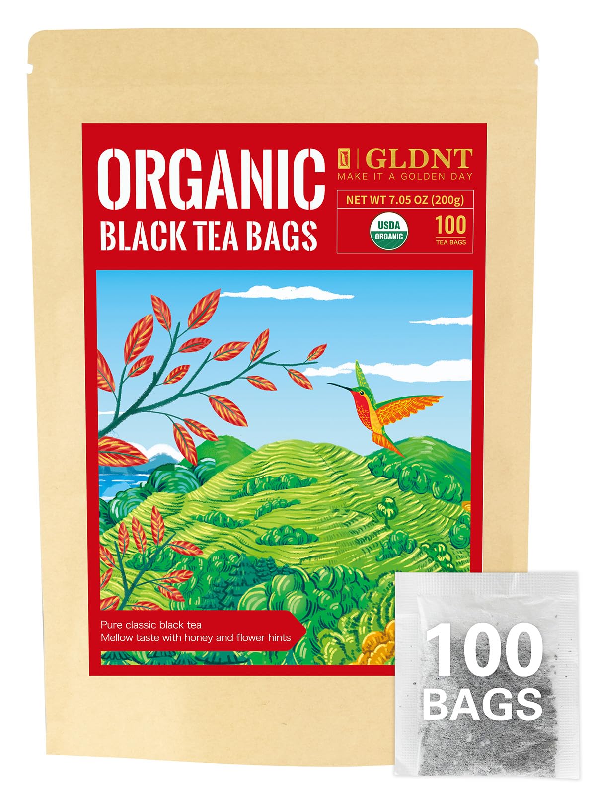 Gldnt Organic Black Tea Bags Natural Organic Black Tea Smooth & Mellow Flavor Caffeinated Hot & Iced Tea 100 Count