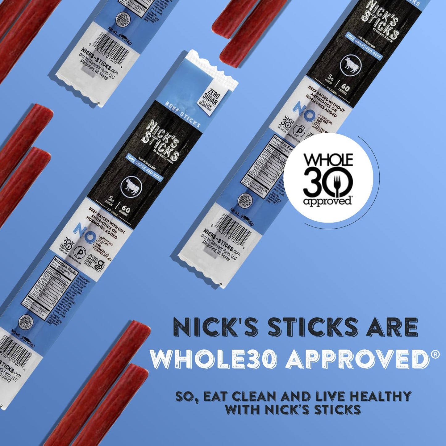 Nick'S Sticks Clean & Balanced 100% Grass-Fed Beef Snack Sticks | Made In The Usa | Gluten Free | Paleo, Keto, Whole30 Approved
