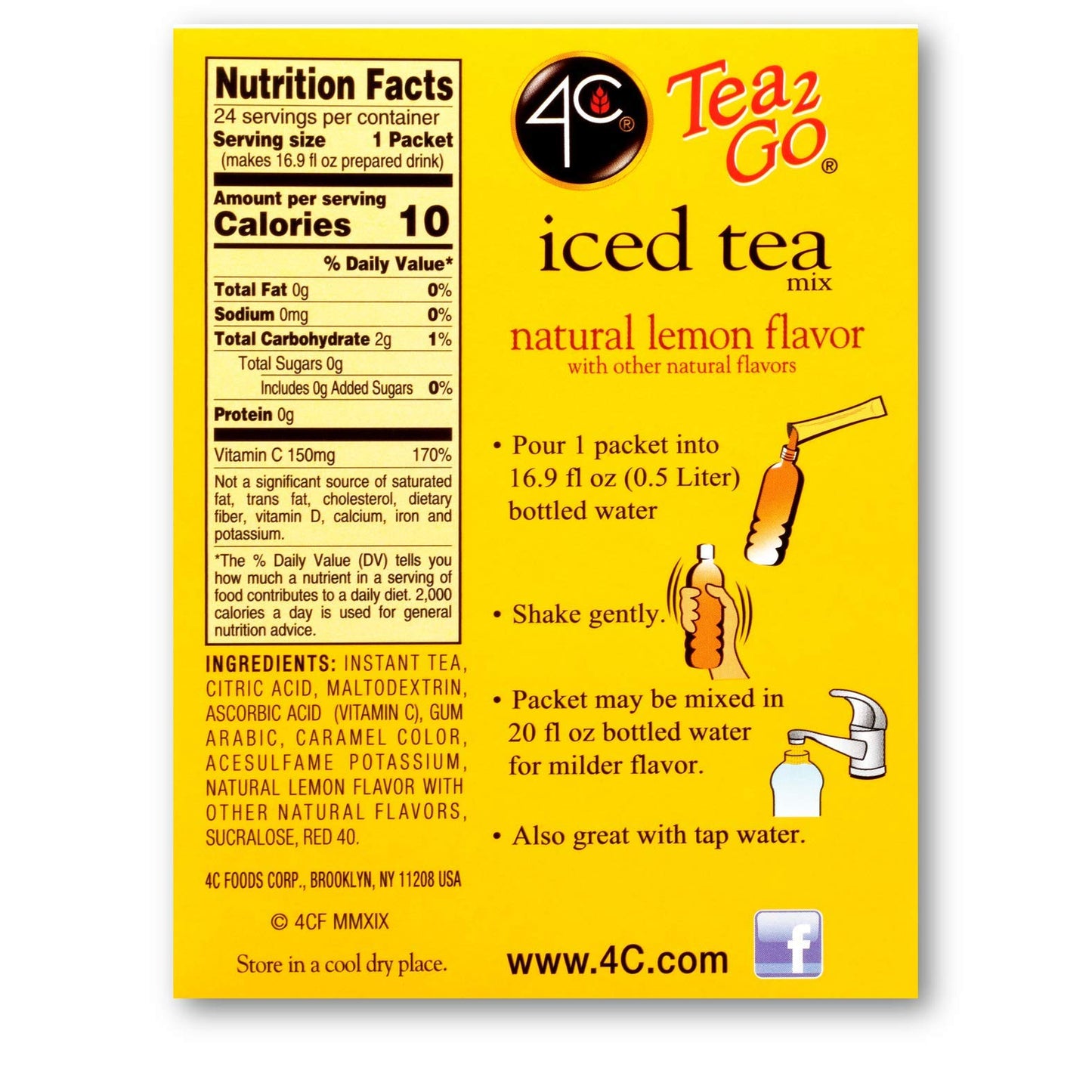 4C Lemon Tea Powder Drink Mix Packets, Sugar Free, 24 Count, 1.8 Ounce