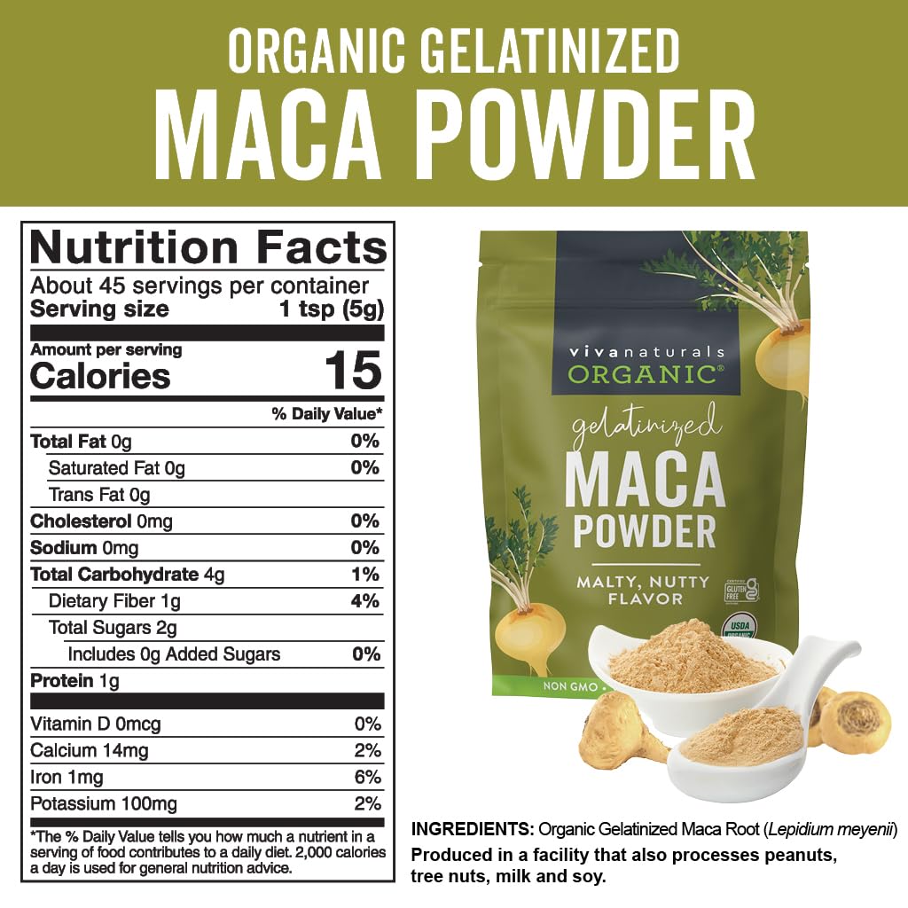 Viva Naturals Organic Maca Powder, Gelatinized, Vegan, Gluten-Free, 8 oz Resealable Bag