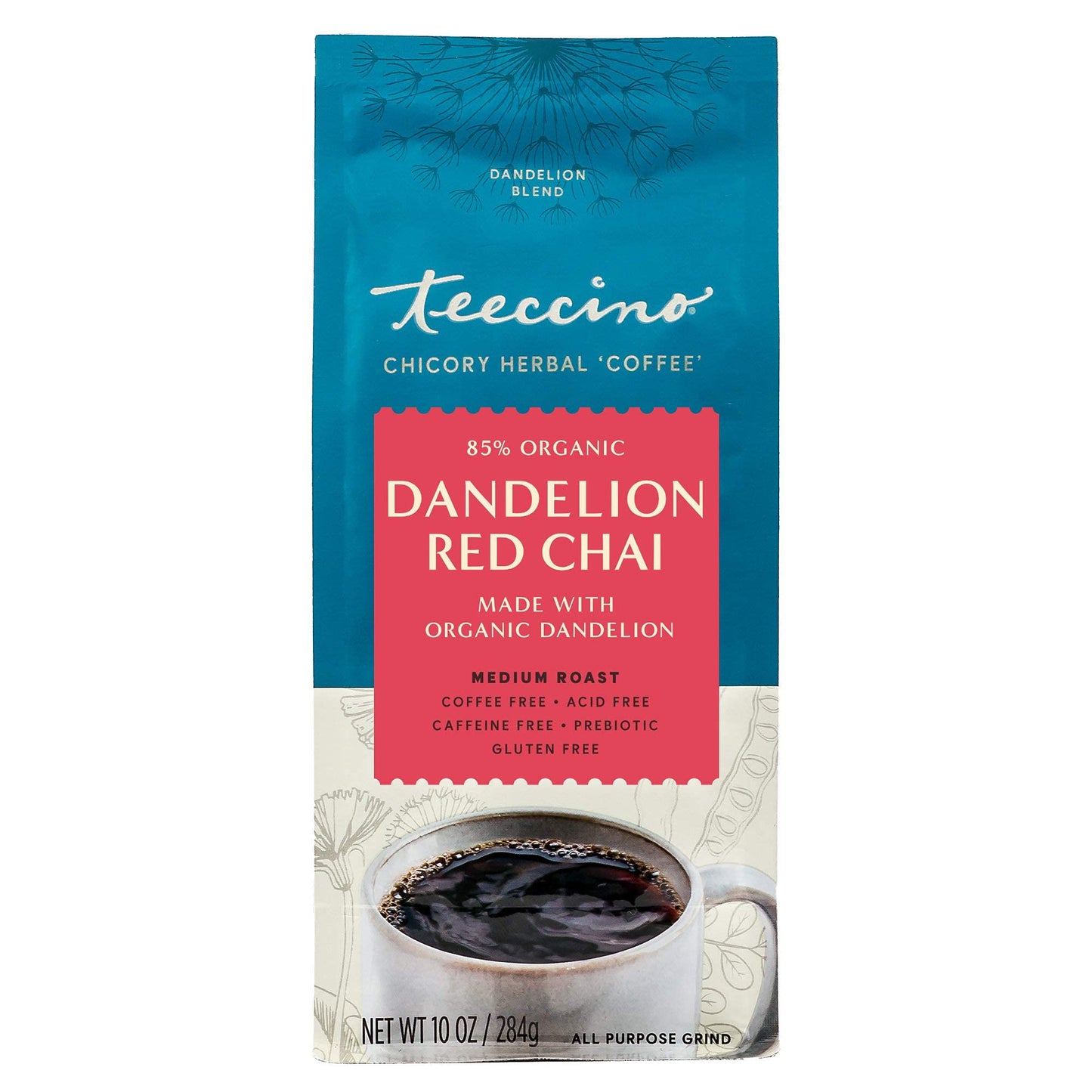 Teeccino Dandelion Red Chai Herbal Coffee, Caffeine-Free, Medium Roast, 10 oz, Gluten Free, Acid Free