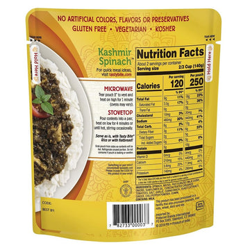 Tasty Bite Kashmir Spinach, Ready to Eat, 10 Ounce, Pack of 6, Microwavable Entr  e in Light Curry Sauce, Vegetarian (Packaging