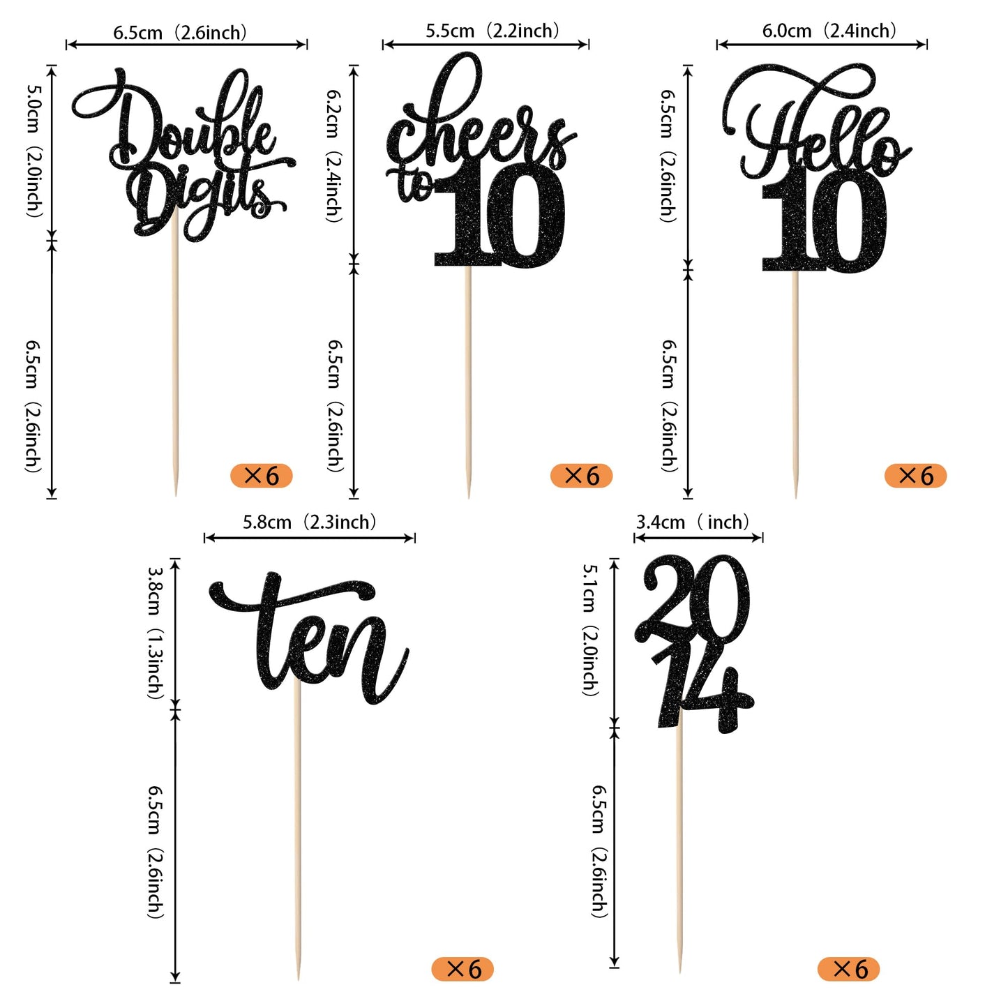 Rssta i Cupcake Toppers, 30 Pack, Glitter Ten, Paper, Black, Model XM087, 10th Birthday Party Supplies