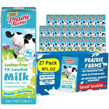Prairie Farms Lactose Free Milk Shelf Stable 1% Low Fat Milk Boxes Vitamin D Gluten Free Ultra Pasteurized (UHT) Kosher - 8oz. (27 Pack)