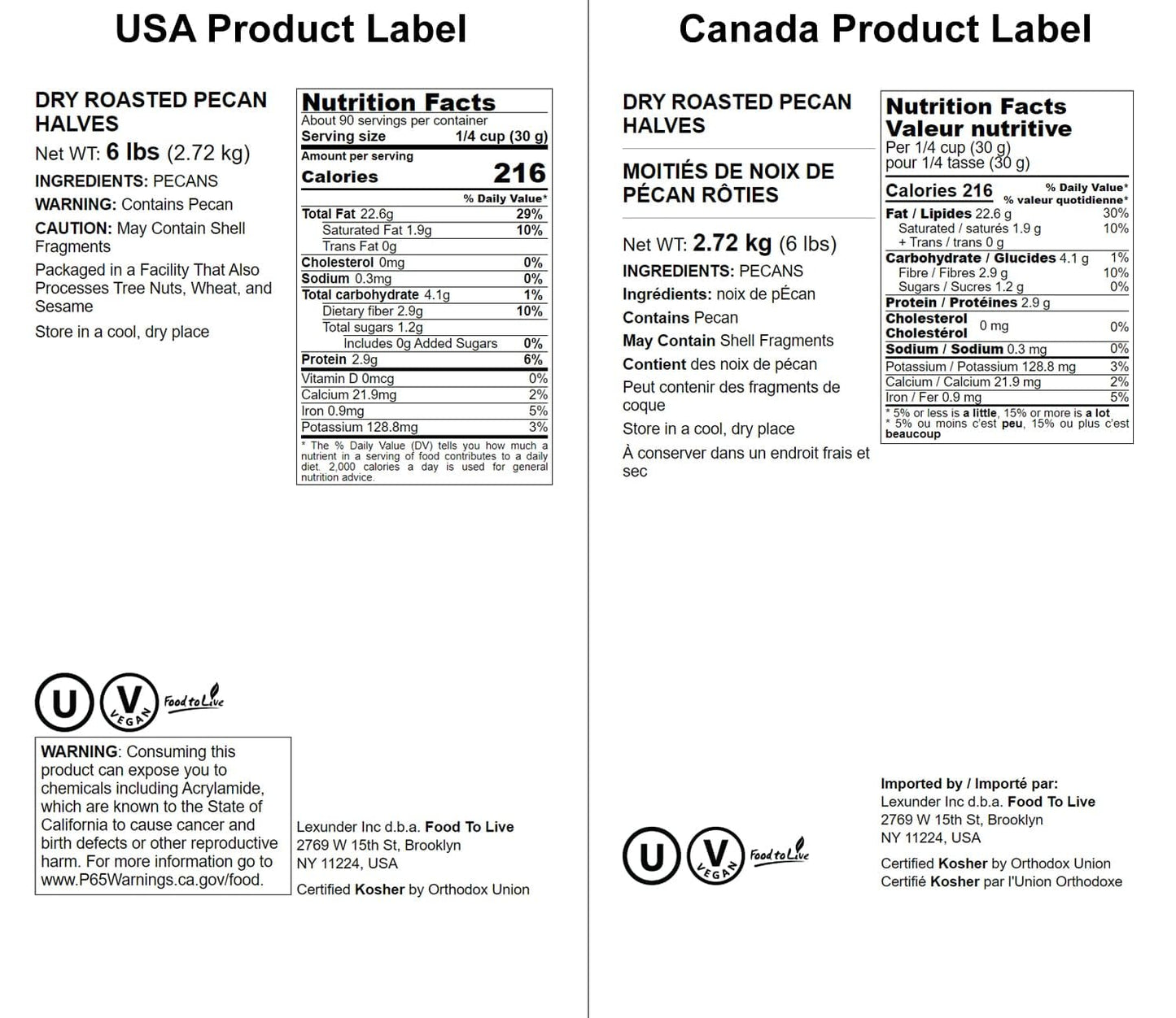 Food To Live - Dry Roasted Pecan Halves, 6 Pounds - Oven Roasted Nuts, Unsalted, No Oil Added, Vegan, Kosher. Good Source Of Pro