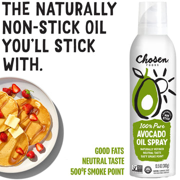 Chosen Foods 100% Pure Avocado Oil Spray, Keto And Paleo Diet Friendly, Kosher Cooking Spray For Baking, High-Heat Cooking And Frying (13.5 Oz)