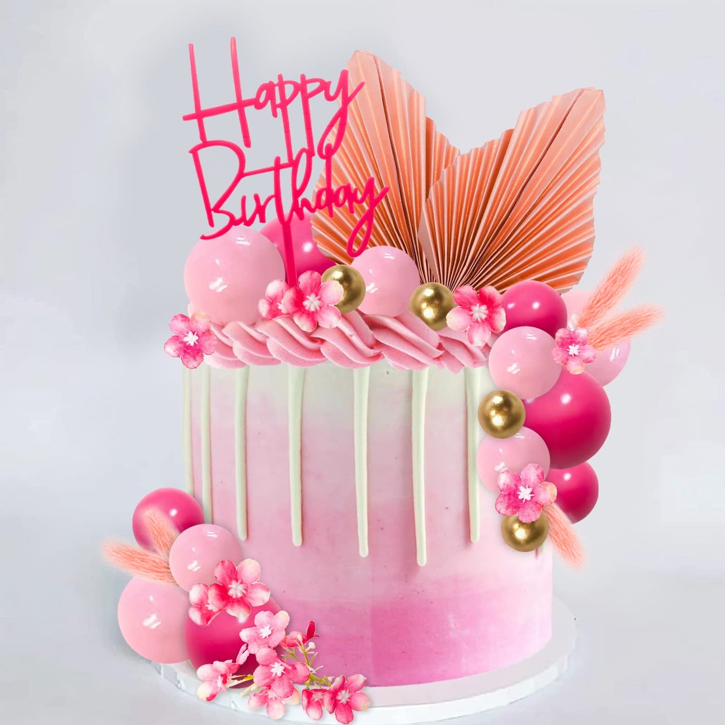 Memovan 29Pcs Flower Boho Cake Topper Ball Cake Decorations Hot Pink Gold Balls Palm Leaves Artificial Plants Cake Decor For Gir