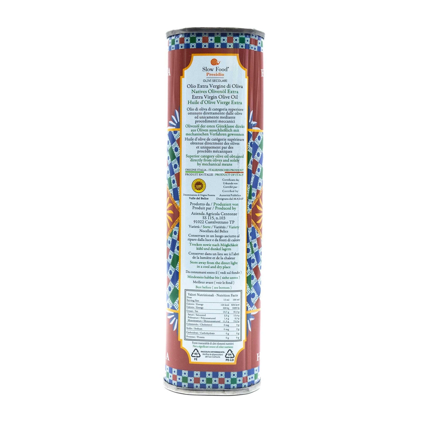 Centonze Extra Virgin Olive Oil, Iconic Tin, 500ml / 16.9oz, Dark, D.O.P. Valle del Belice