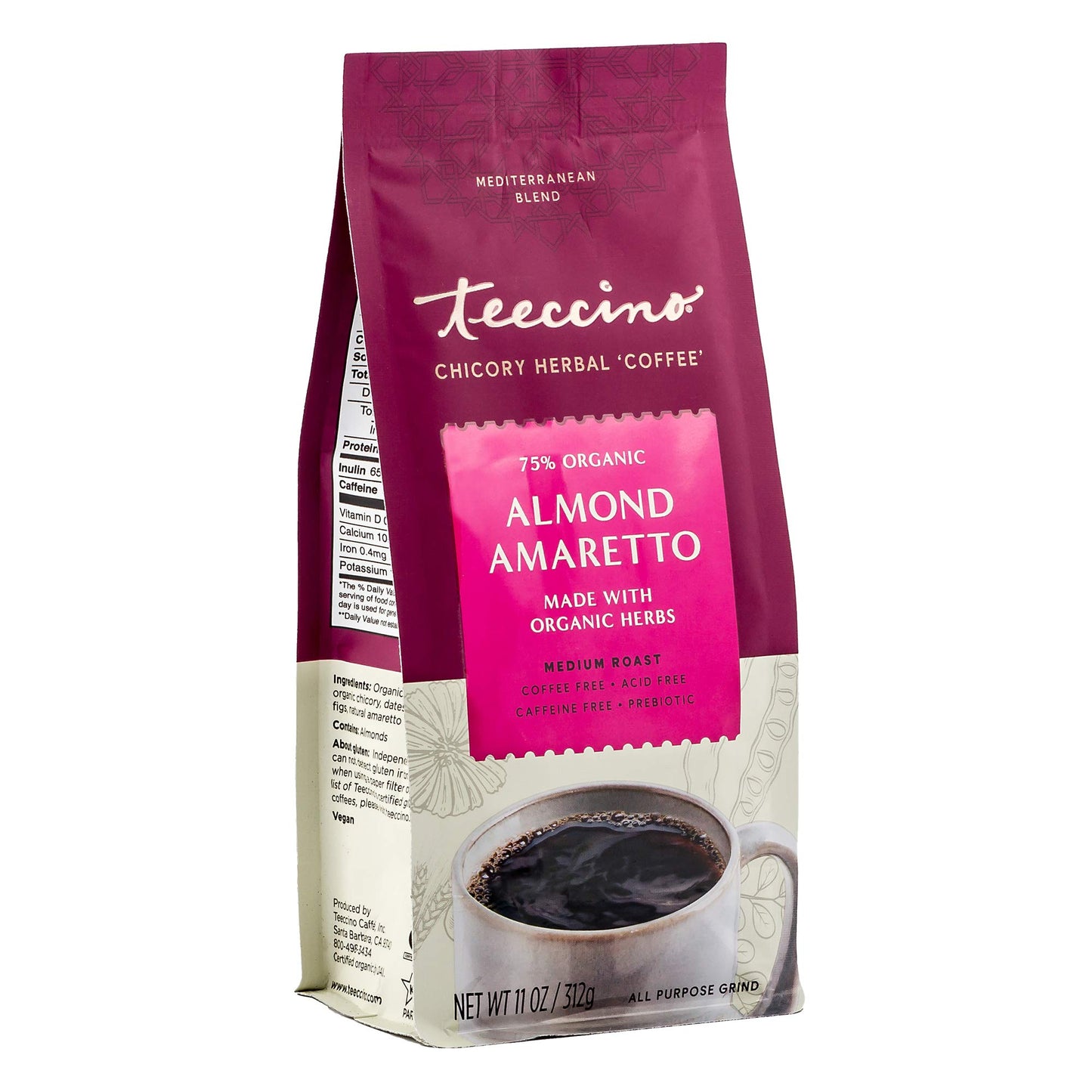 Teeccino Almond Amaretto Chicory Coffee Alternative - Ground Herbal Coffee Thats Prebiotic Energy Blend Free & Acid Free Medium Roast 11 Ounce