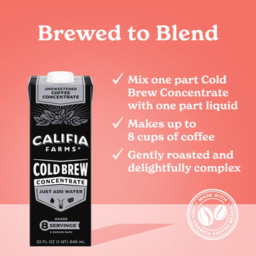 Califia Farms - Unsweetened Cold Brew Coffee Concentrate, 32 Fl Oz (Pack Of 6), 100% Arabica, Shelf Stable, Plant Based, Vegan, Gluten Free, Non Gmo, Sugar Free, Iced Coffee