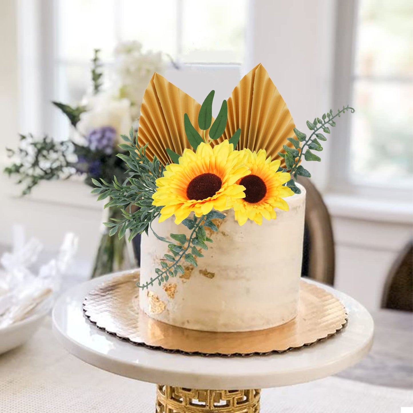 Memovan Sunflower Cake Topper 18Pcs Sunflower Cake Decoration With Gold Happy Birthday Cake Topper Sunflower Golden Palm Eucalyp