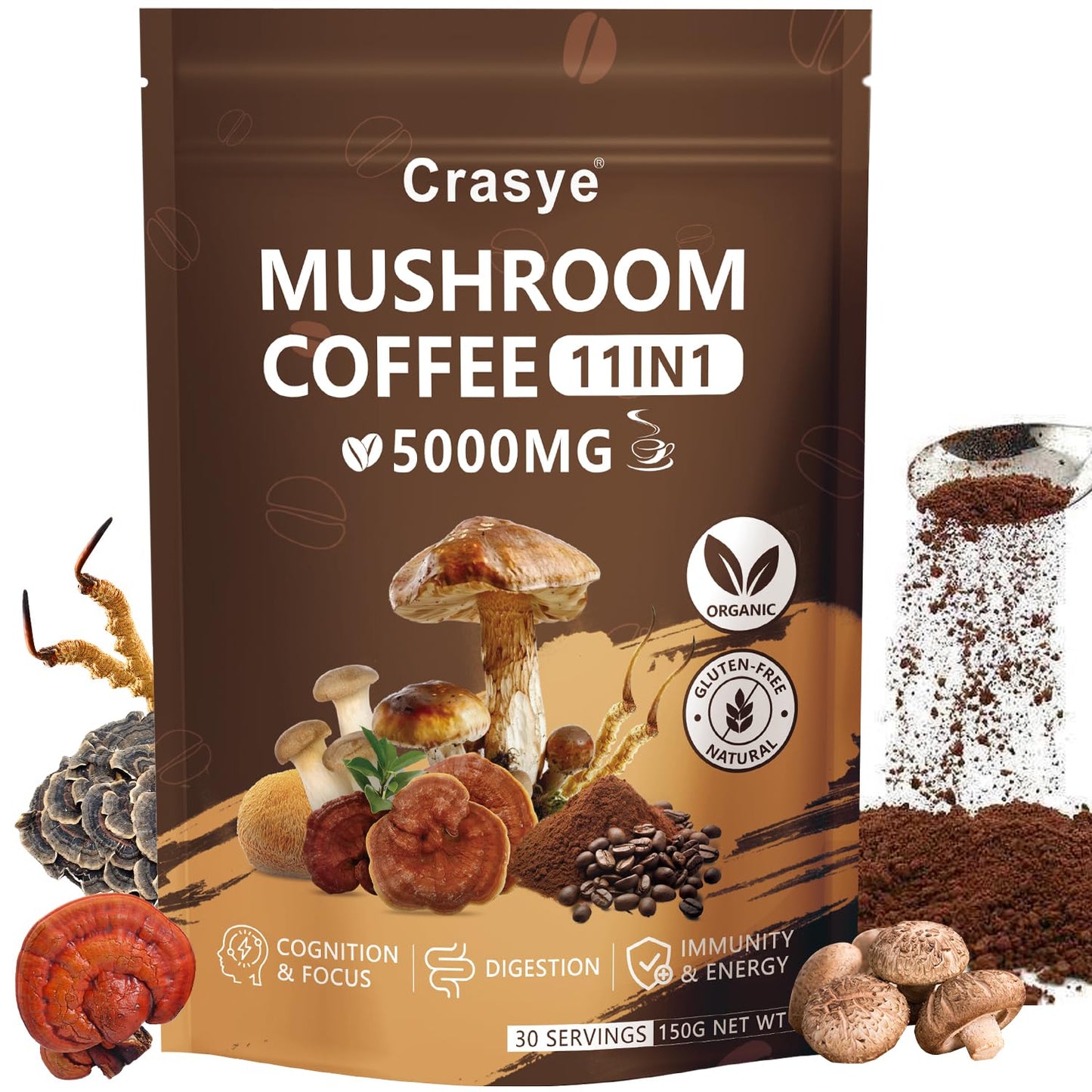 Organic Mushroom Coffee 11 Superfood Instant Mushrooms Coffee With Ashwagandha Shilajit LionS Mane Reishi Chaga & Collagen Arabica Coffe Powder Ground For Focus Energy Digestion And Immunity 5.3 Oz 30 Servings