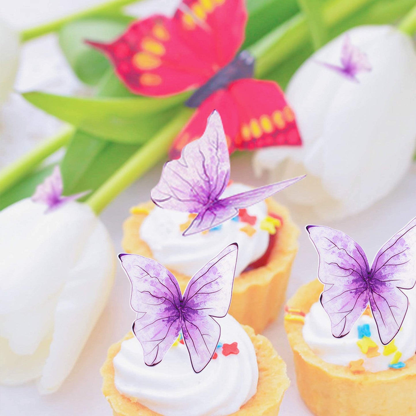 Cyodoos 30Pcs Purple Mixed Size Lively 3D Waterproof Butterfly Cupcake Topper For Girls Women'S Happy Birthday Wedding Party Cak