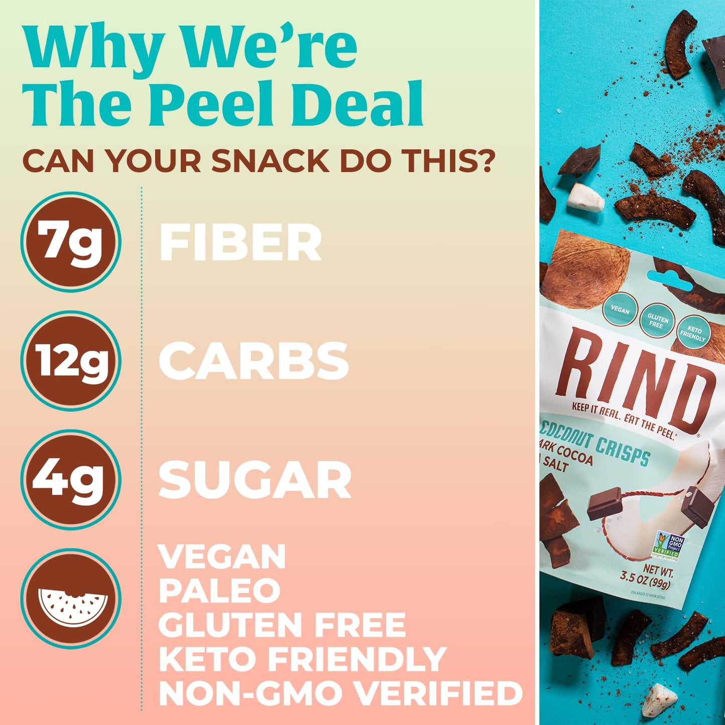 Rind Snacks | Dark Cocoa Sea Salt Coconut Crisps | Dried Fruit Superfood | Snack Chips | All Natural | Low Carbs | High In Fiber