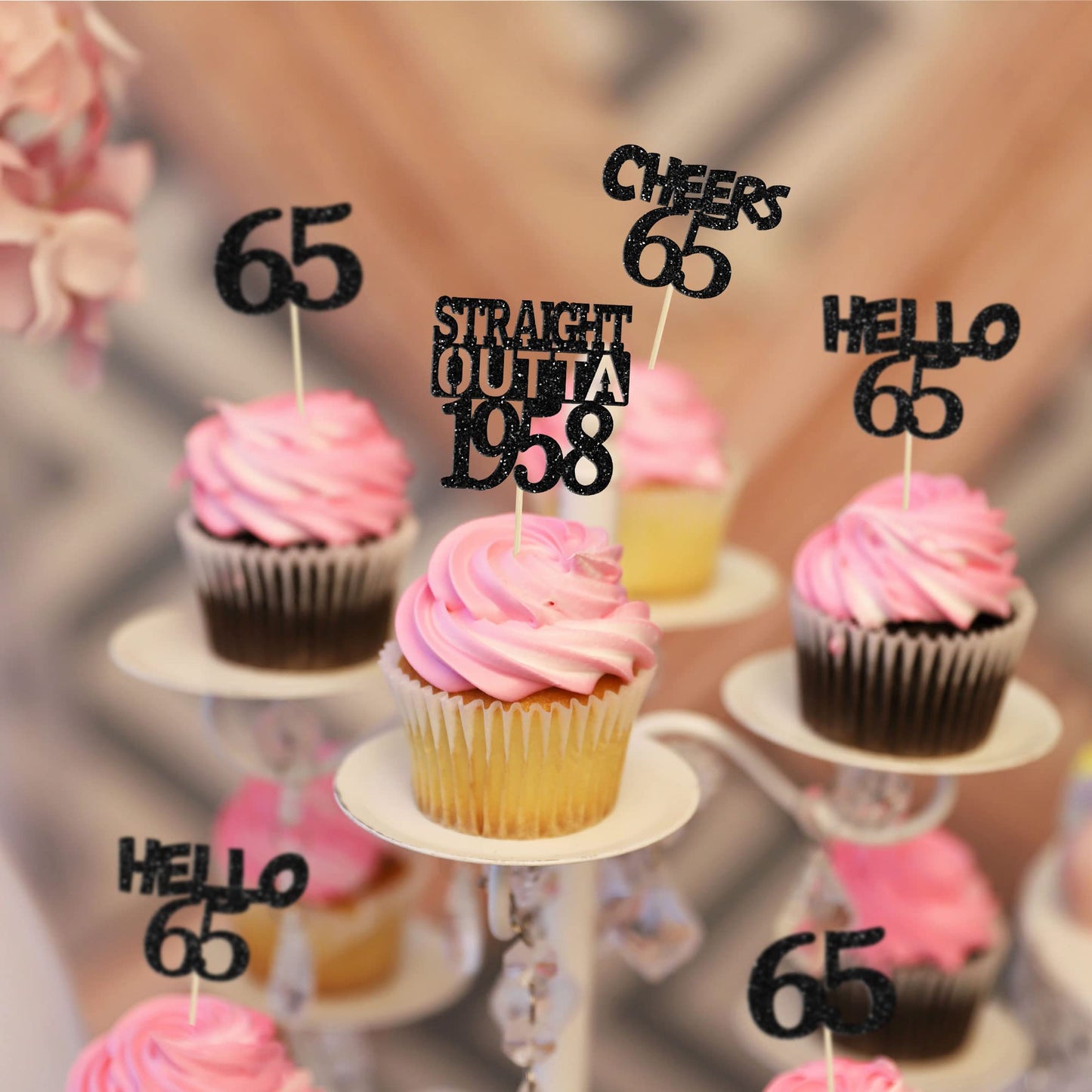 Gyufise 24Pcs Straight Outta 1958 Cupcake Toppers Glitter Sixty-five Happy 65th Cupcake Picks Cheers to 65 Years Birthday Cake D