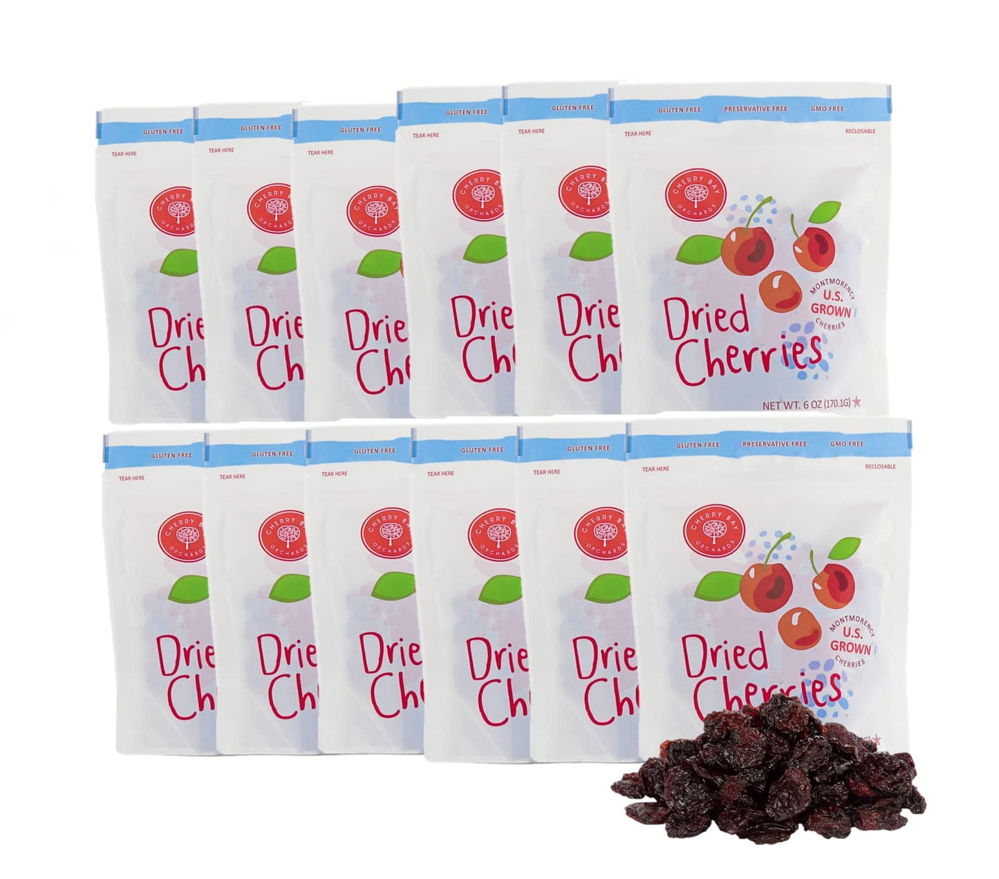 Cherry Bay Orchards - Dried Montmorency Tart Cherries (Pack of 12 - 6oz Bags) - 100% Domestic, Natural, Kosher Certified, Gluten