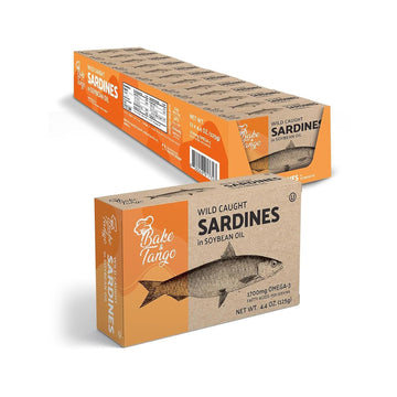 Bake and Tango - Sardines in Soybean Oil - 4.4oz (Pack of 12) | Rich in Omega-3, High-Protein, Wild-Caught, Non-GMO, Gluten-Free