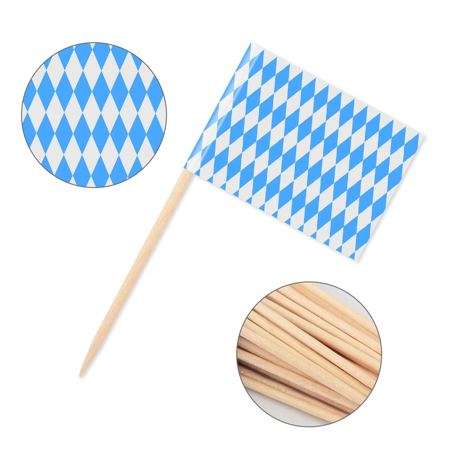 Sunshane Oktoberfest Cupcake Topper Picks - Bavarian Flag Toothpick Flags, 2.56 x 1.38 Inches, Blue and White, 100 Pack