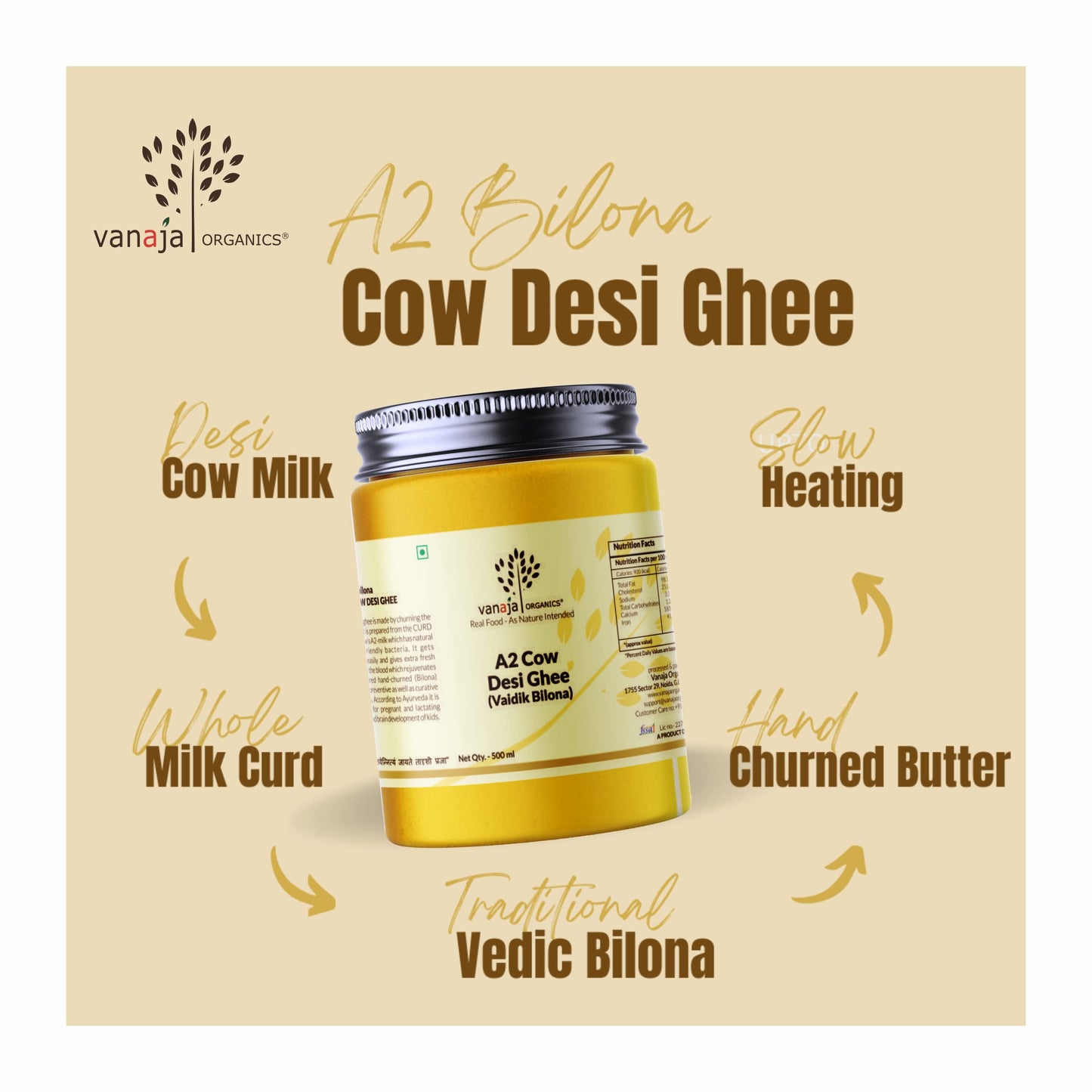 Vanaja Organics A2 Cow Vedic Bilona Desi Ghee From Grass Fed Native Cows Grainy & Aromatic Keto Friendly - 500 Ml