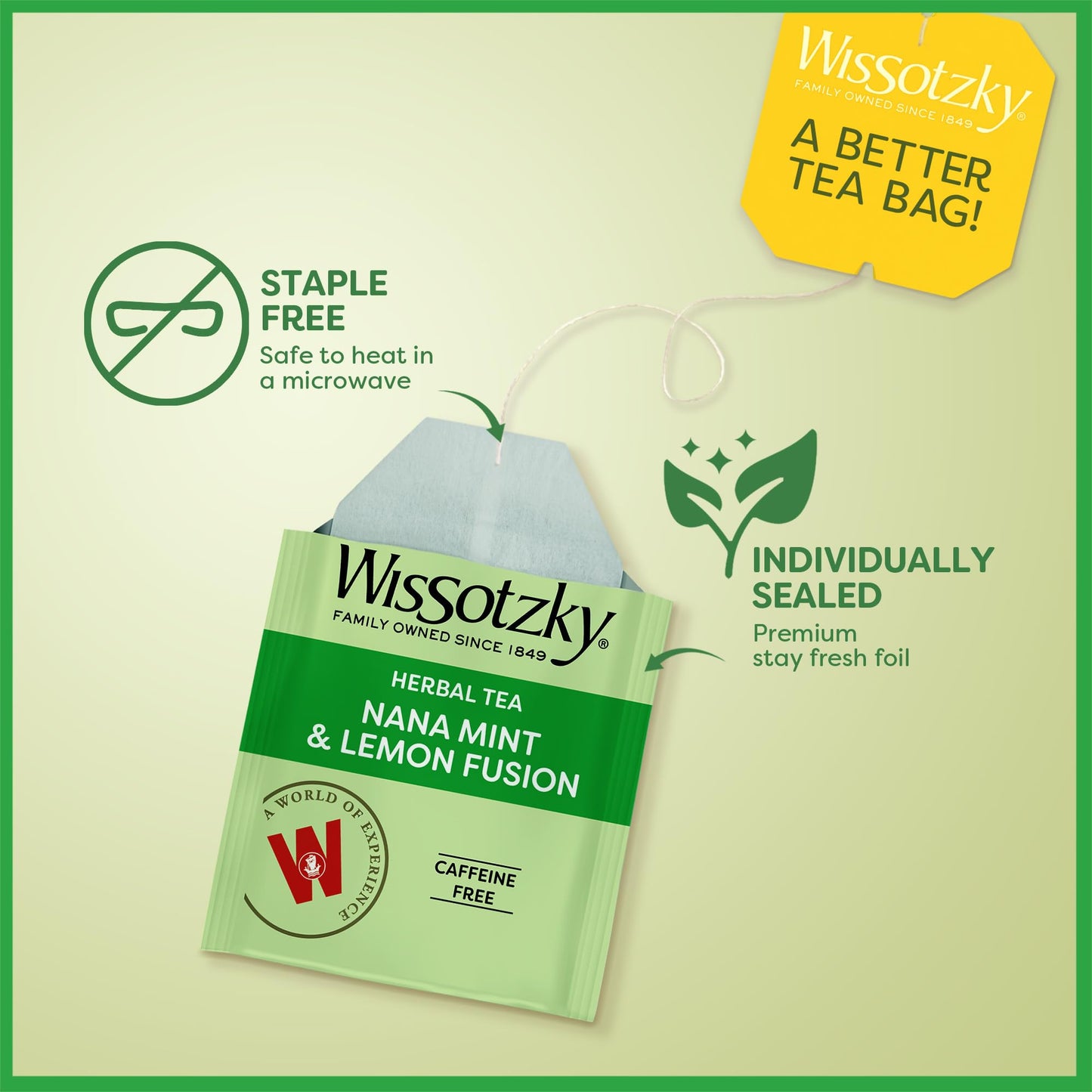 Wissotzky Nana Mint & Lemon Fusion Tea, Caffeine Free, 20 Tea Bags, 1.55 Ounce